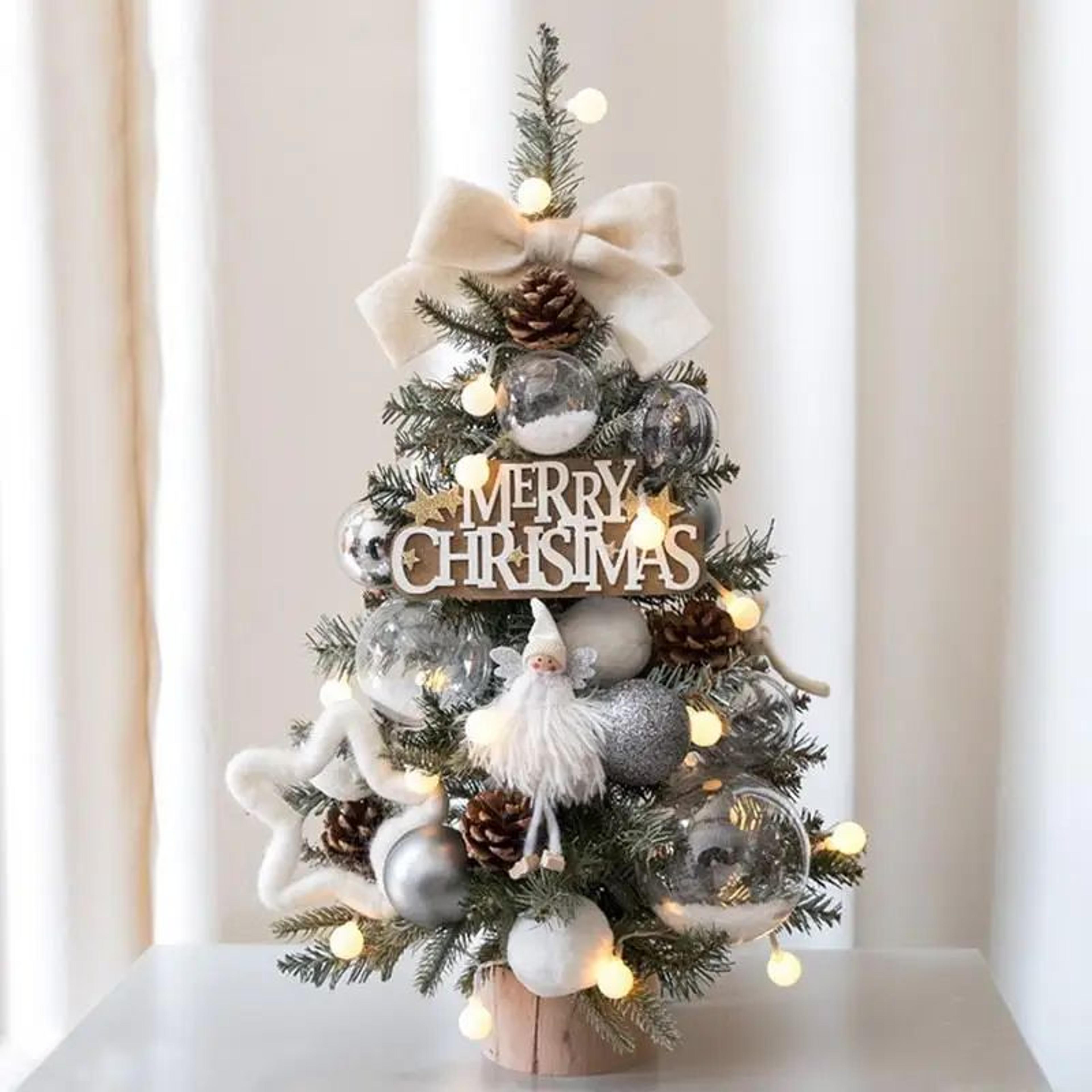 led mini flocked christmas tree – pvc desktop holiday ornament with beads & lights