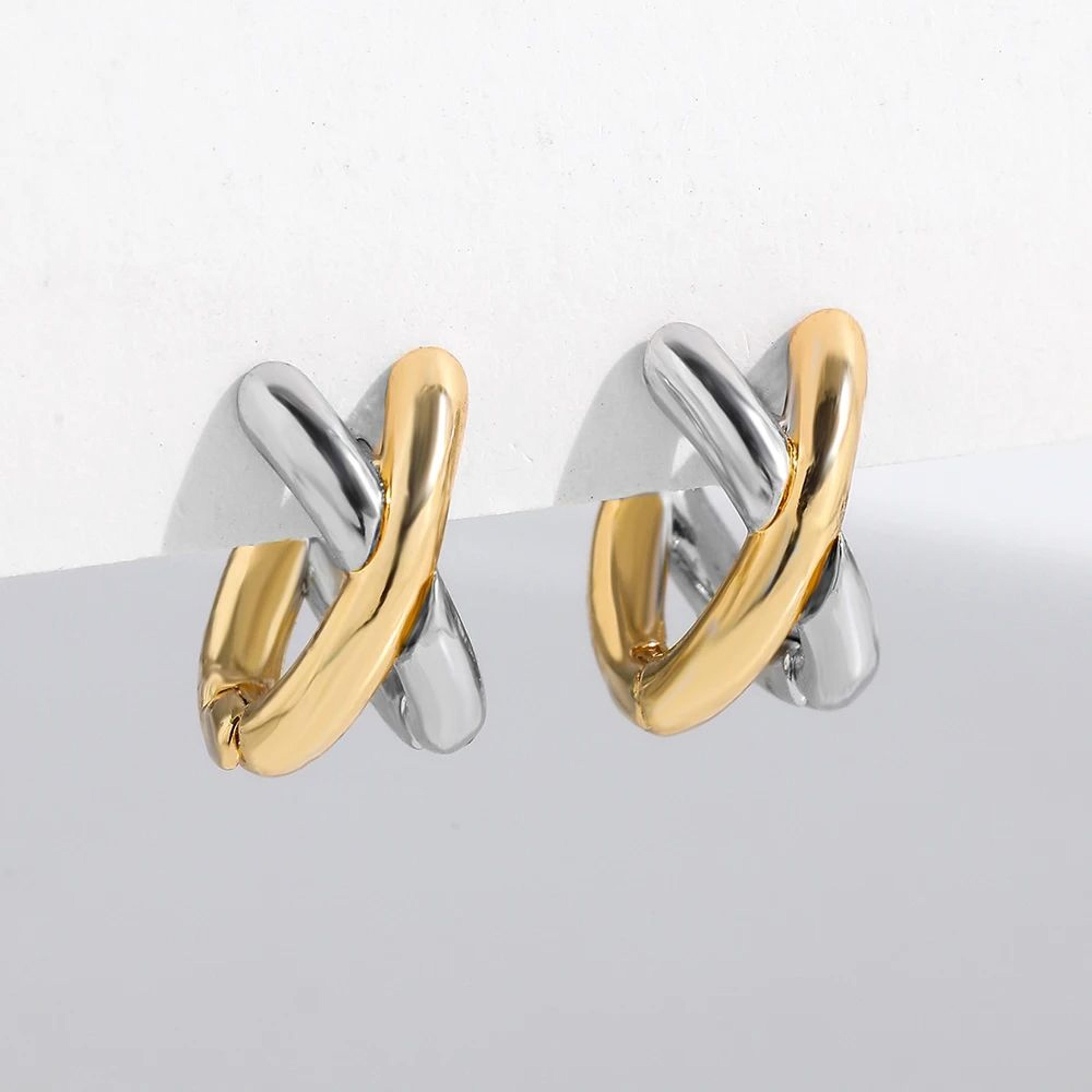 punk gold & silver criss-cross huggie hoop earrings – geometric mixed metal ear bone jewelry