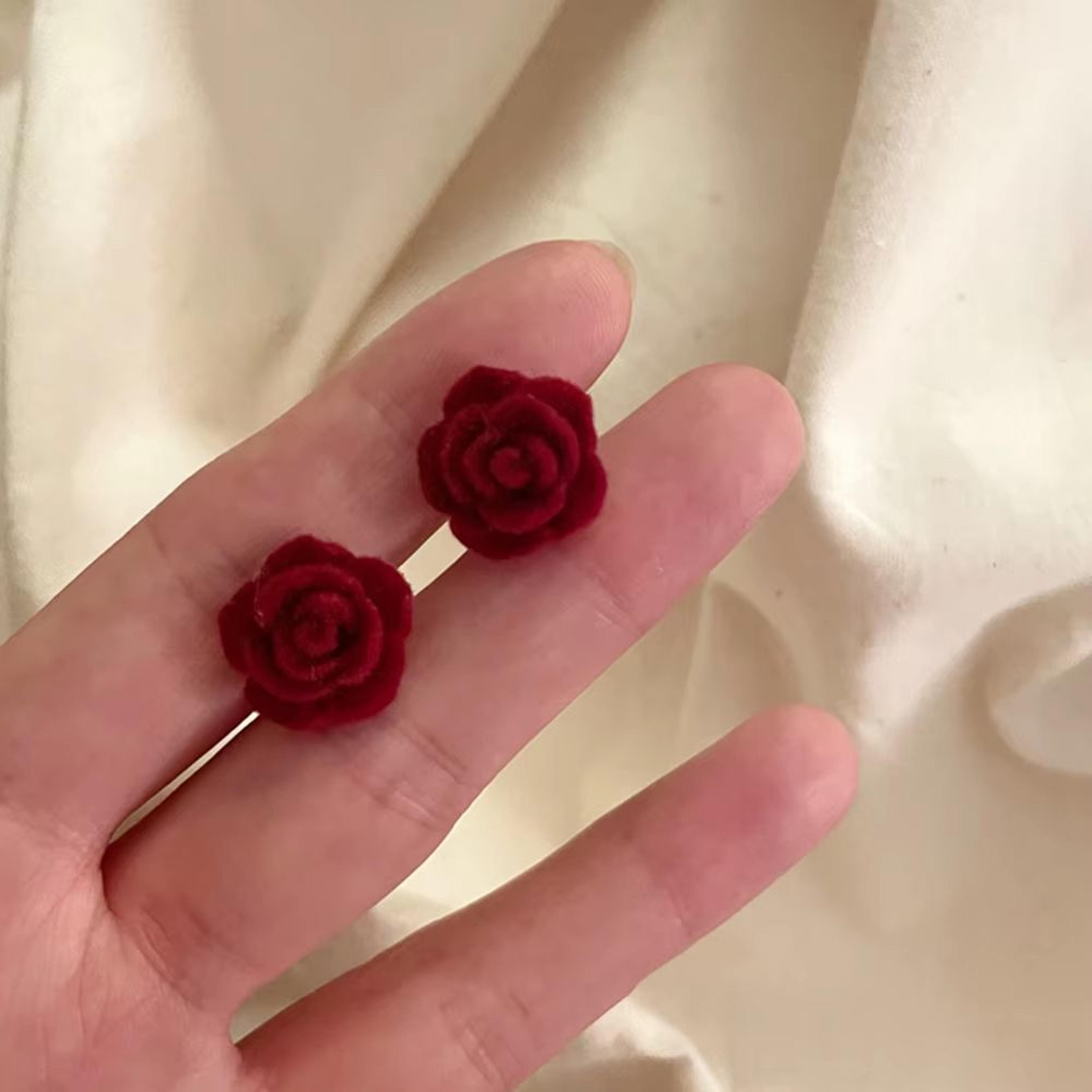 vintage wine red rose stud earrings – elegant flocked flower earrings with 925 silver needle
