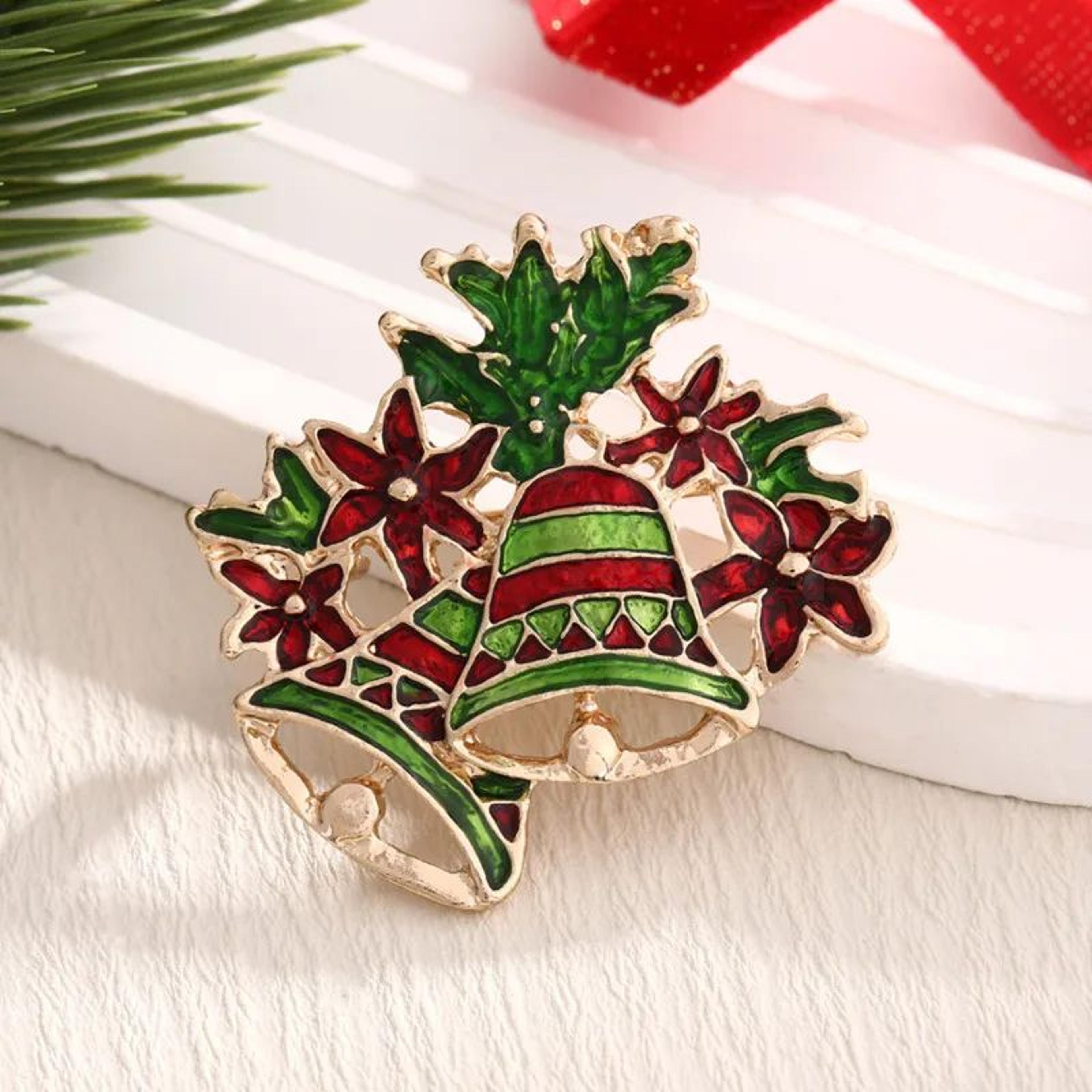 rhinestone enamel christmas bells brooch pin – festive holiday jewelry accessory for women