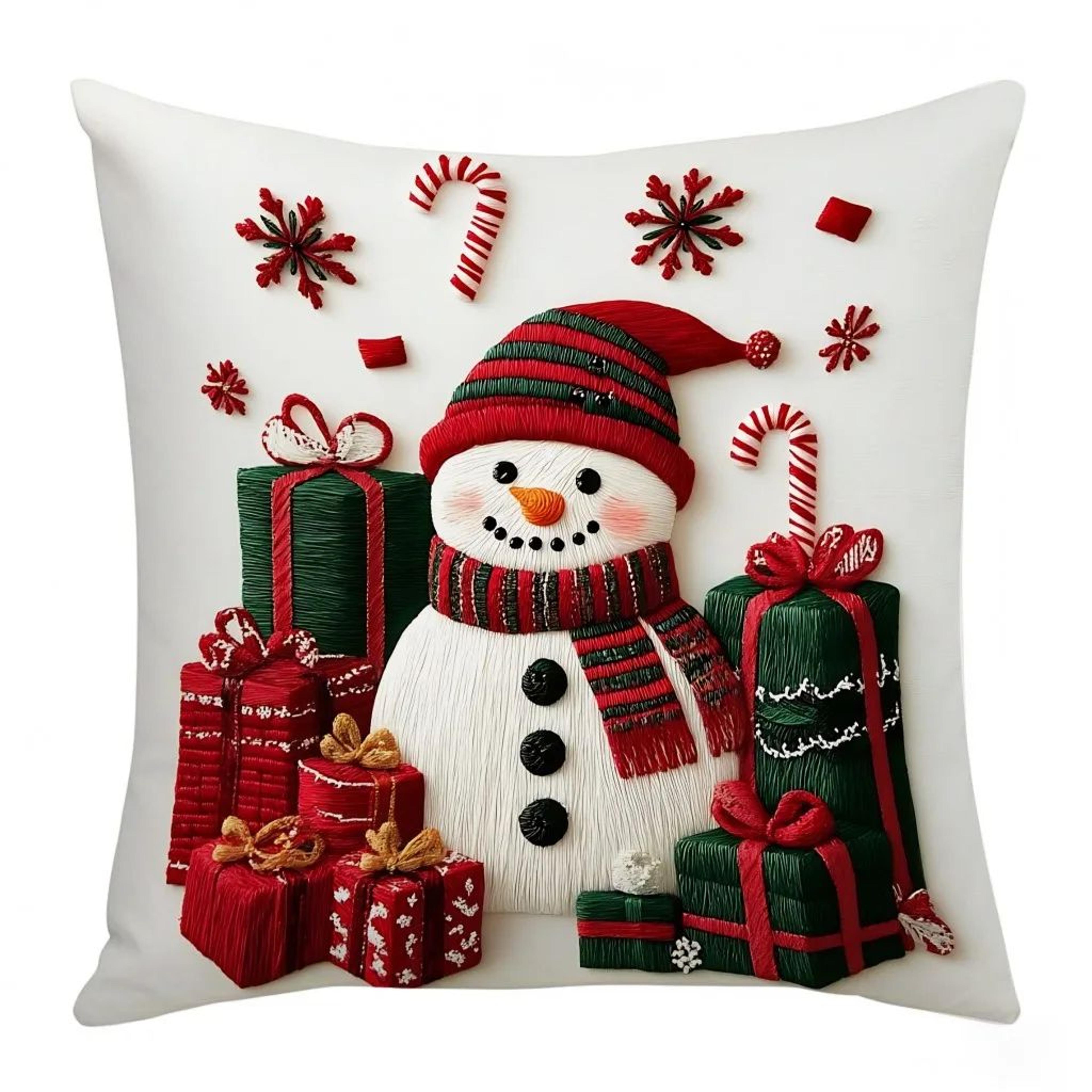 christmas snowman plush throw pillow cover – festive linen sofa cushion case for holiday home decor