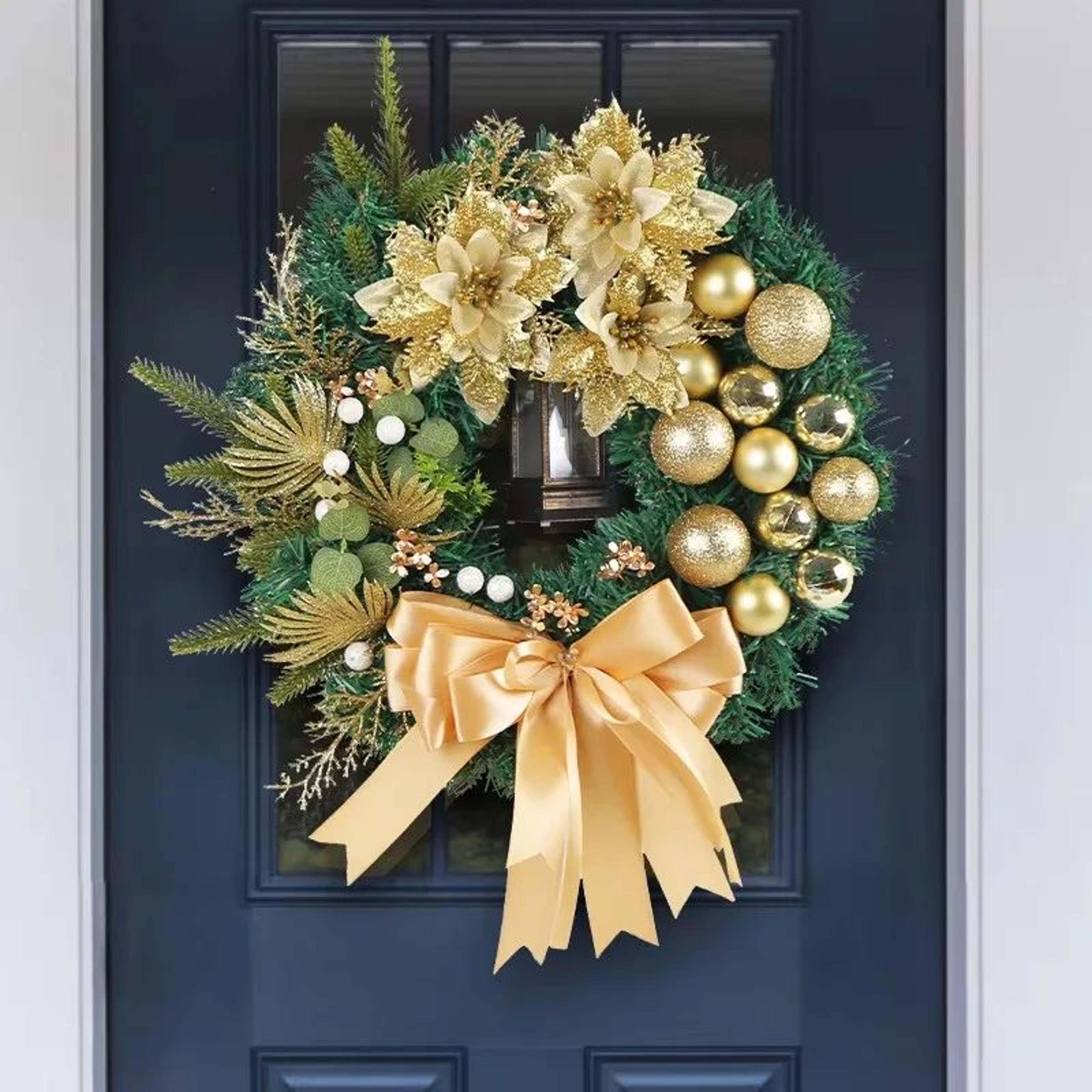 christmas wreath with lantern & large bow – festive front door garland holiday wall decoration
