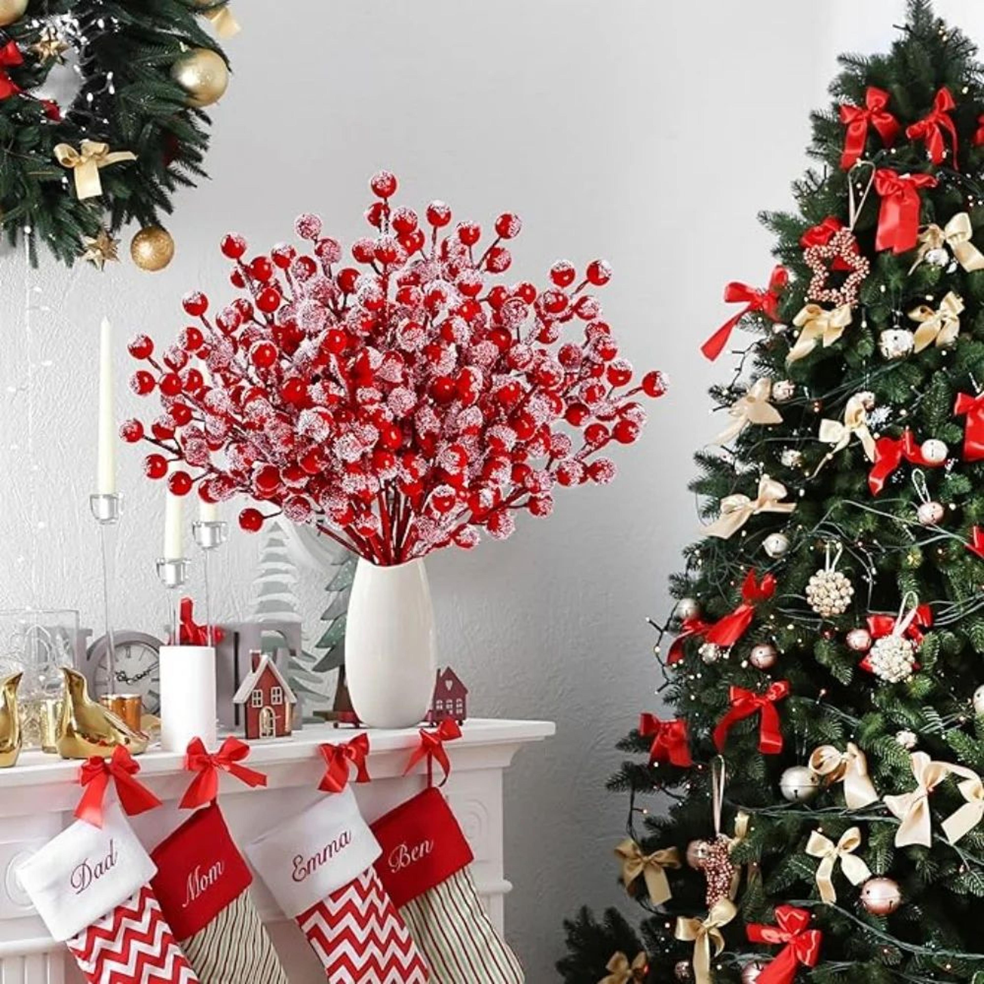 snow frosted artificial red holly berry stems – christmas berry picks for tree, wreath & holiday diy decor