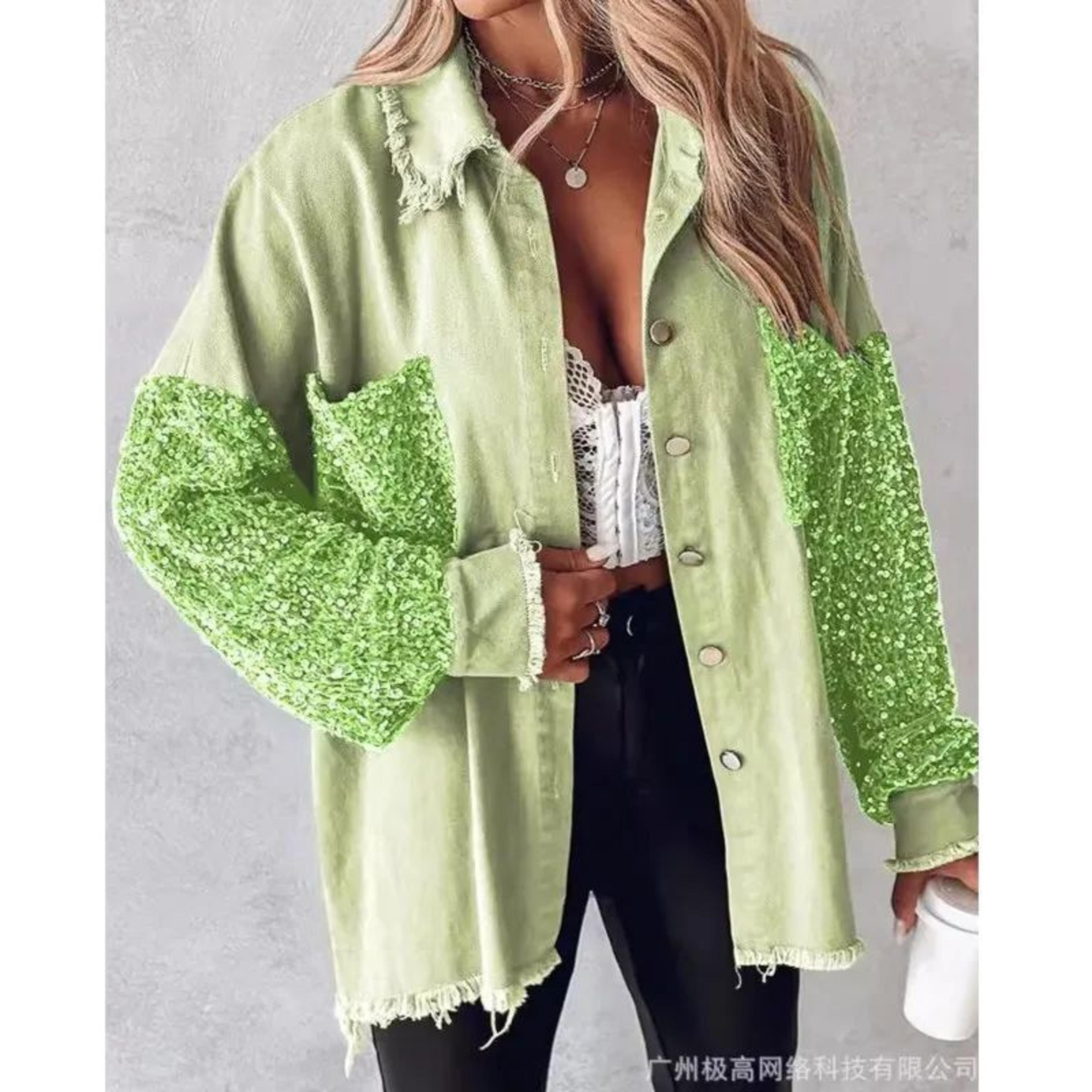 sequin colorblock shacket jacket – women's contrast button-up raw hem high street coat