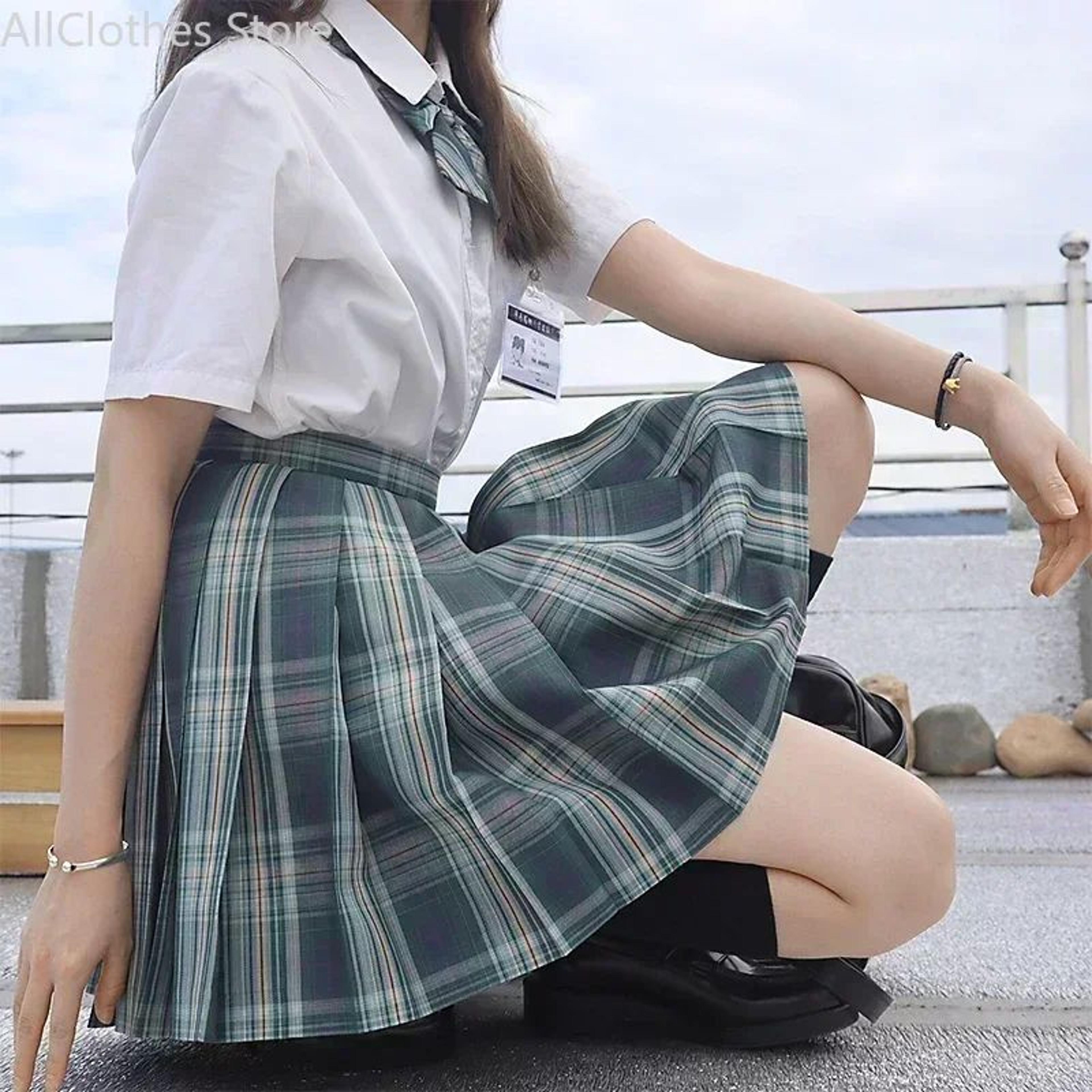 korean jk sailor school uniform set – pink plaid pleated skirt & blouse cosplay outfit for women