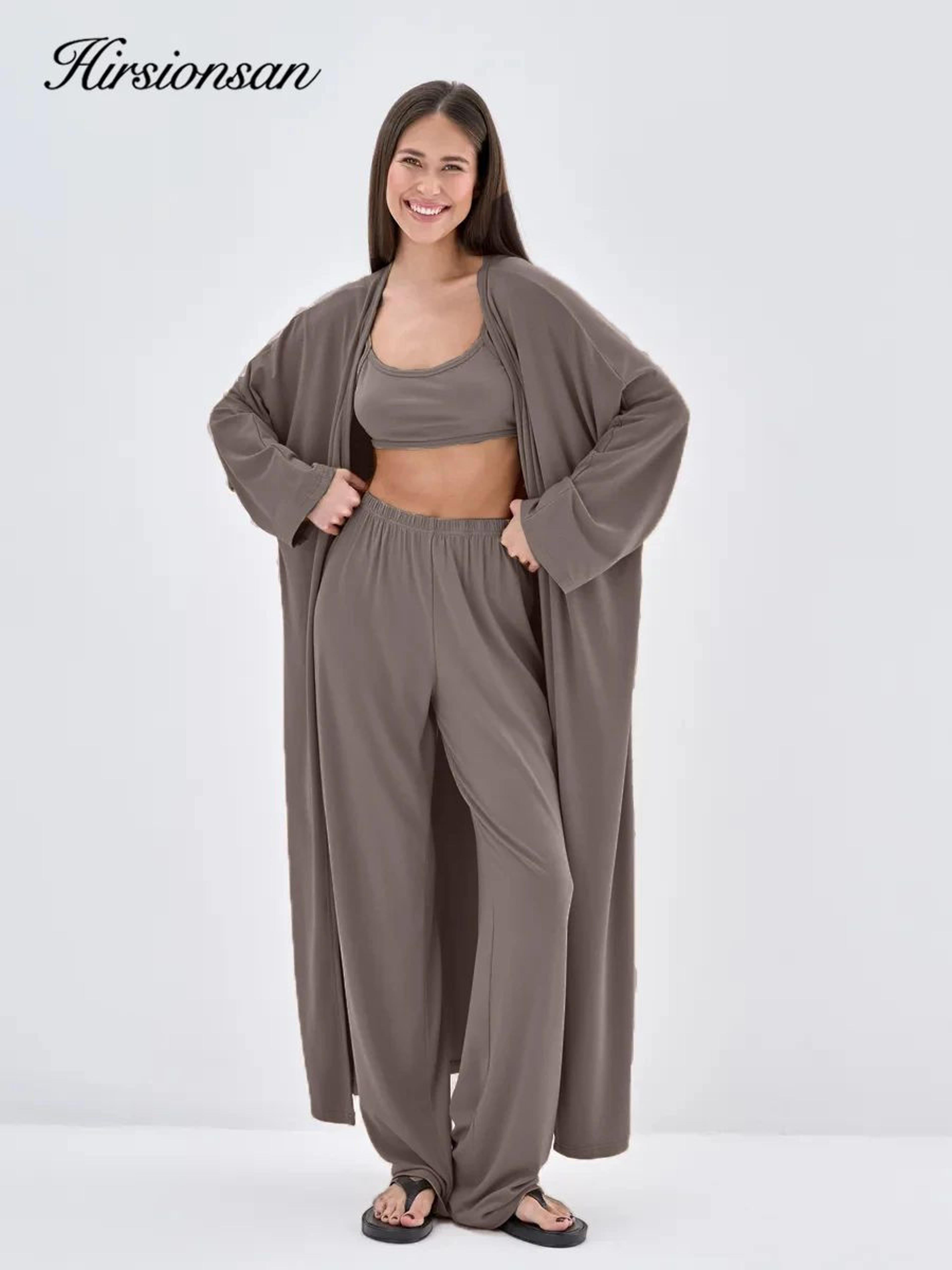 hirsionsan women's modal 3-piece lounge set – loose cardigan, vest & high-waist pants casual outfit