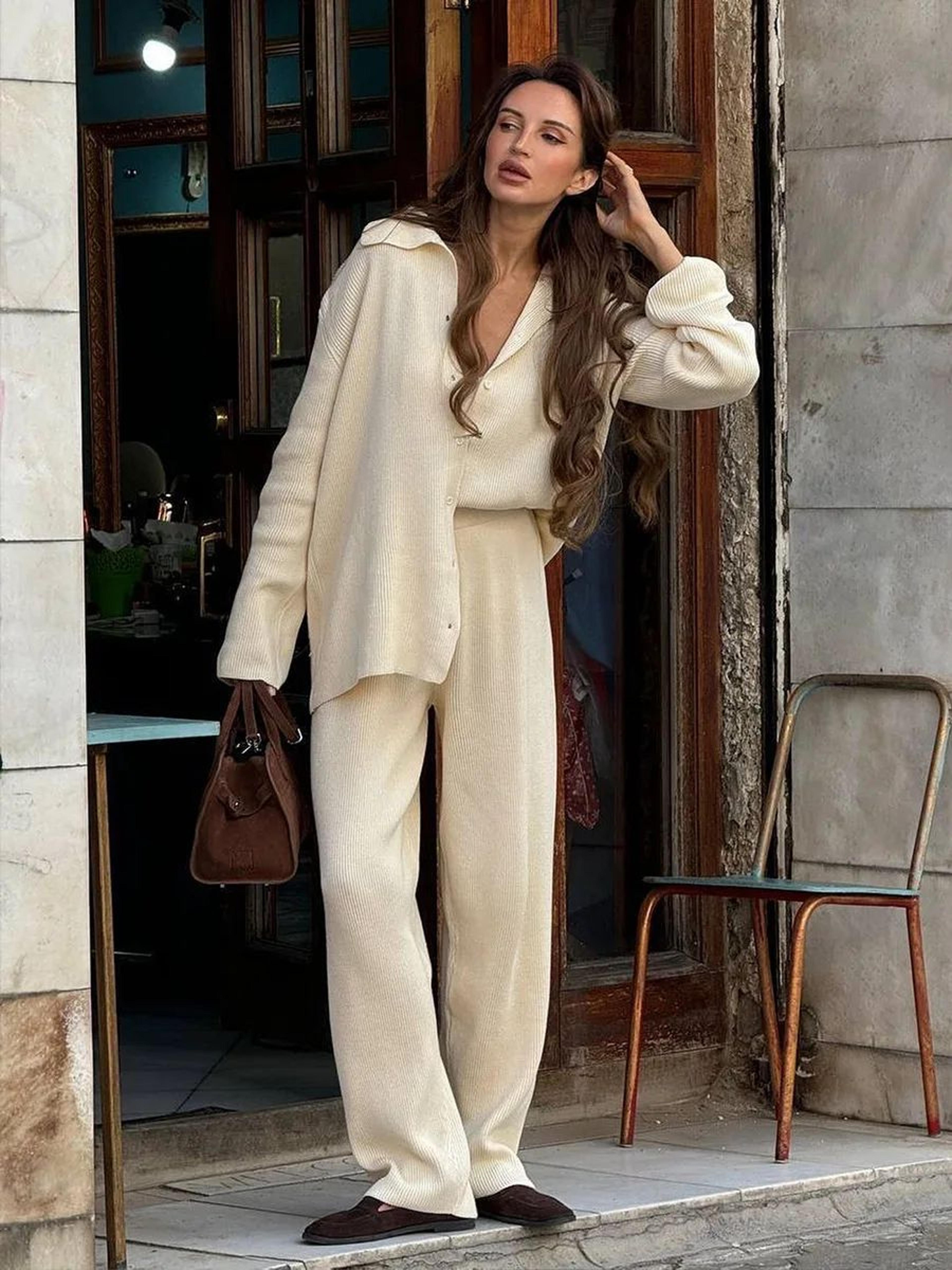 bornladies women's knit cardigan & pants set – autumn winter loose two-piece office sweater outfit