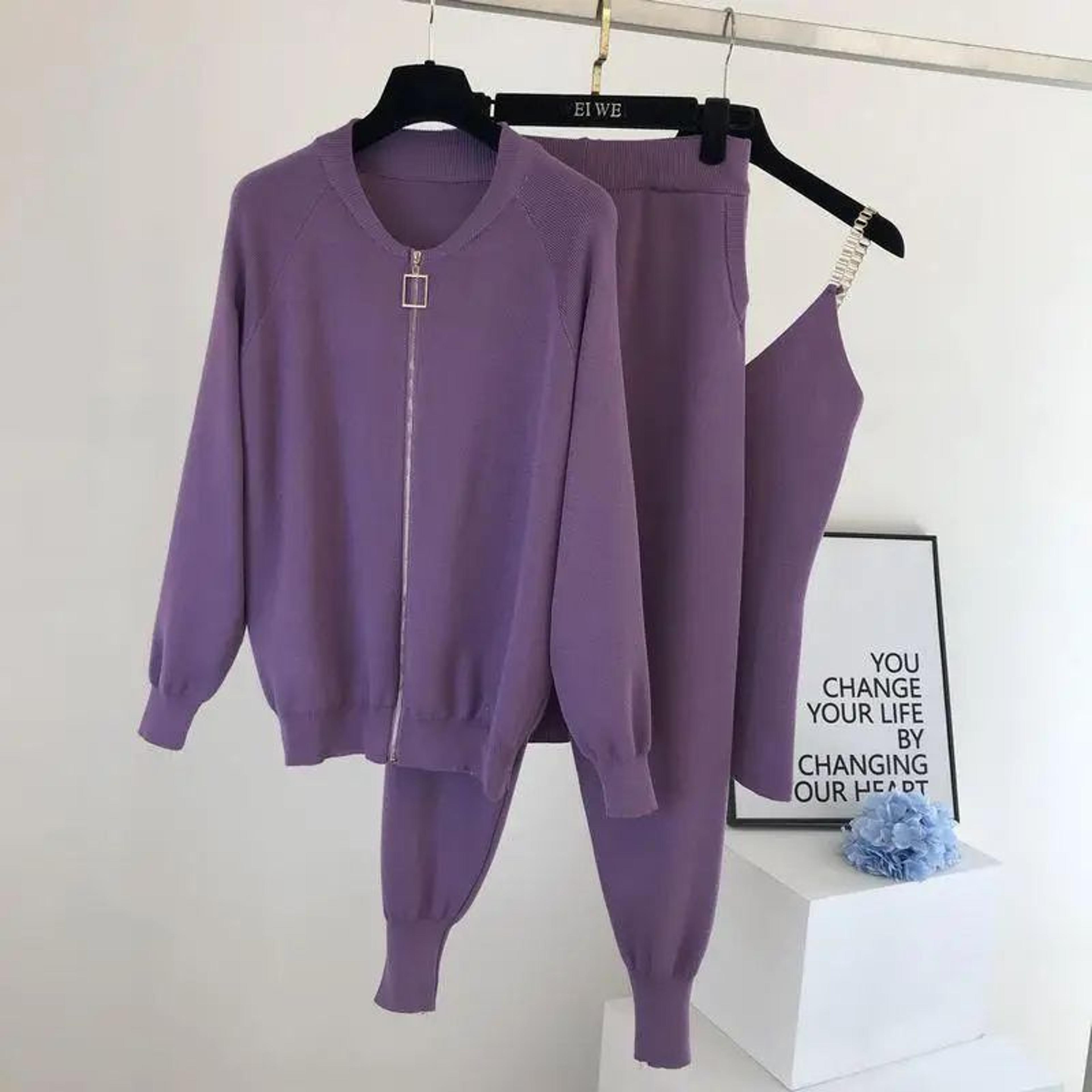 women's 3-piece knitted cardigan, vest & harem pants set – high stretch office lady sweater outfit