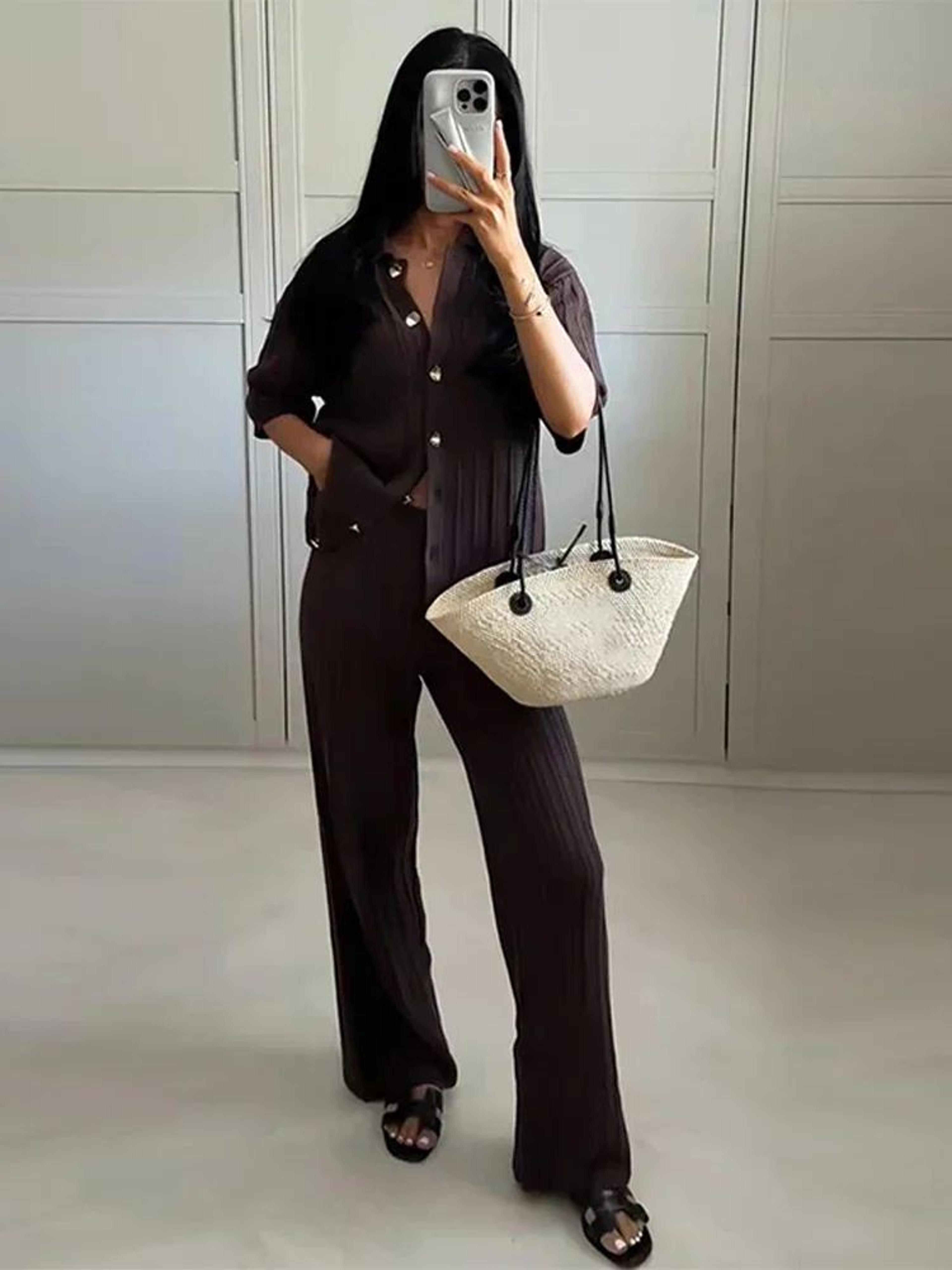 women's vintage knit cardigan & straight pants set – brown loose fit 2-piece fashion suit