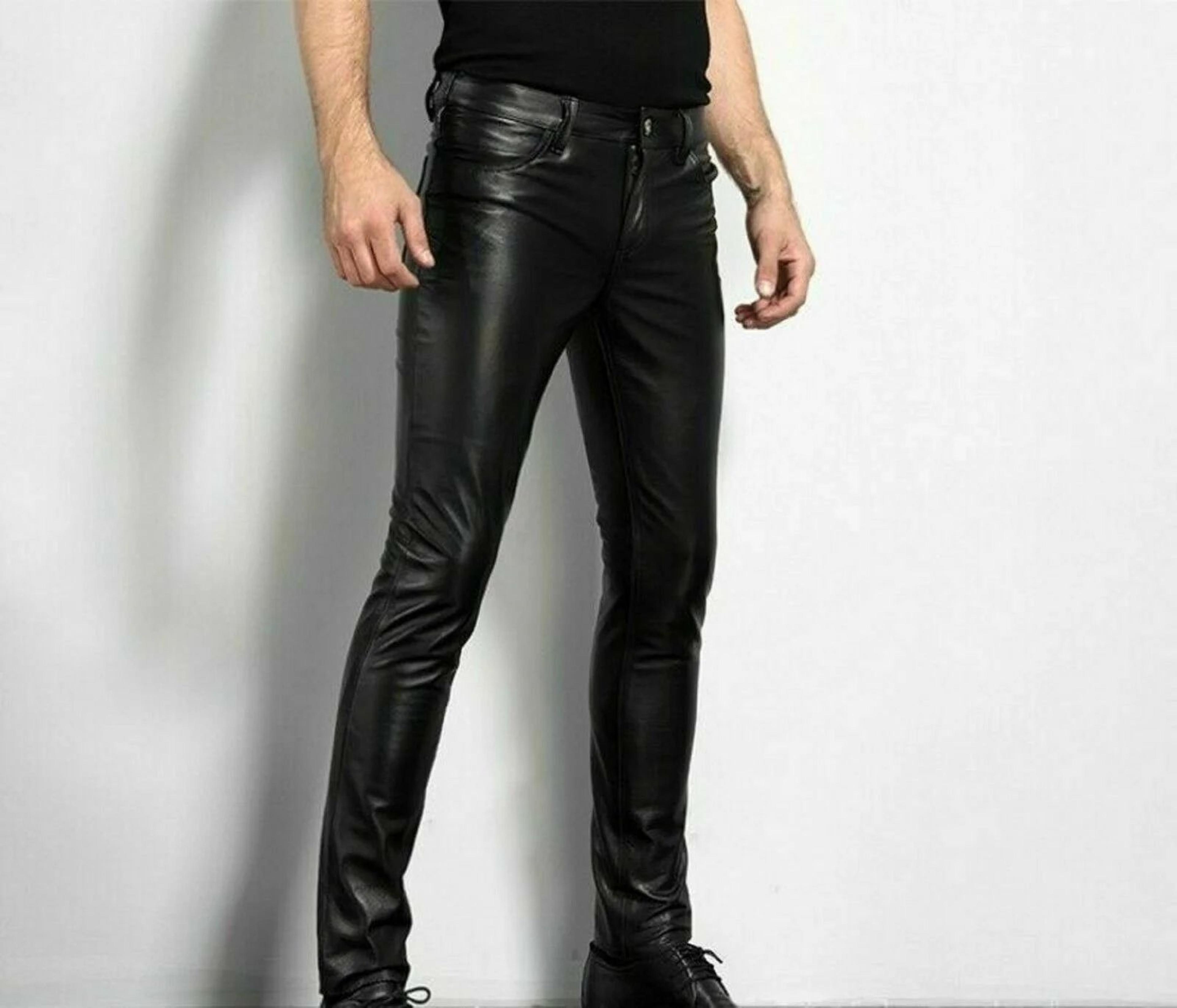 men's slim fit faux leather biker pants – rock style pu motorcycle party trousers