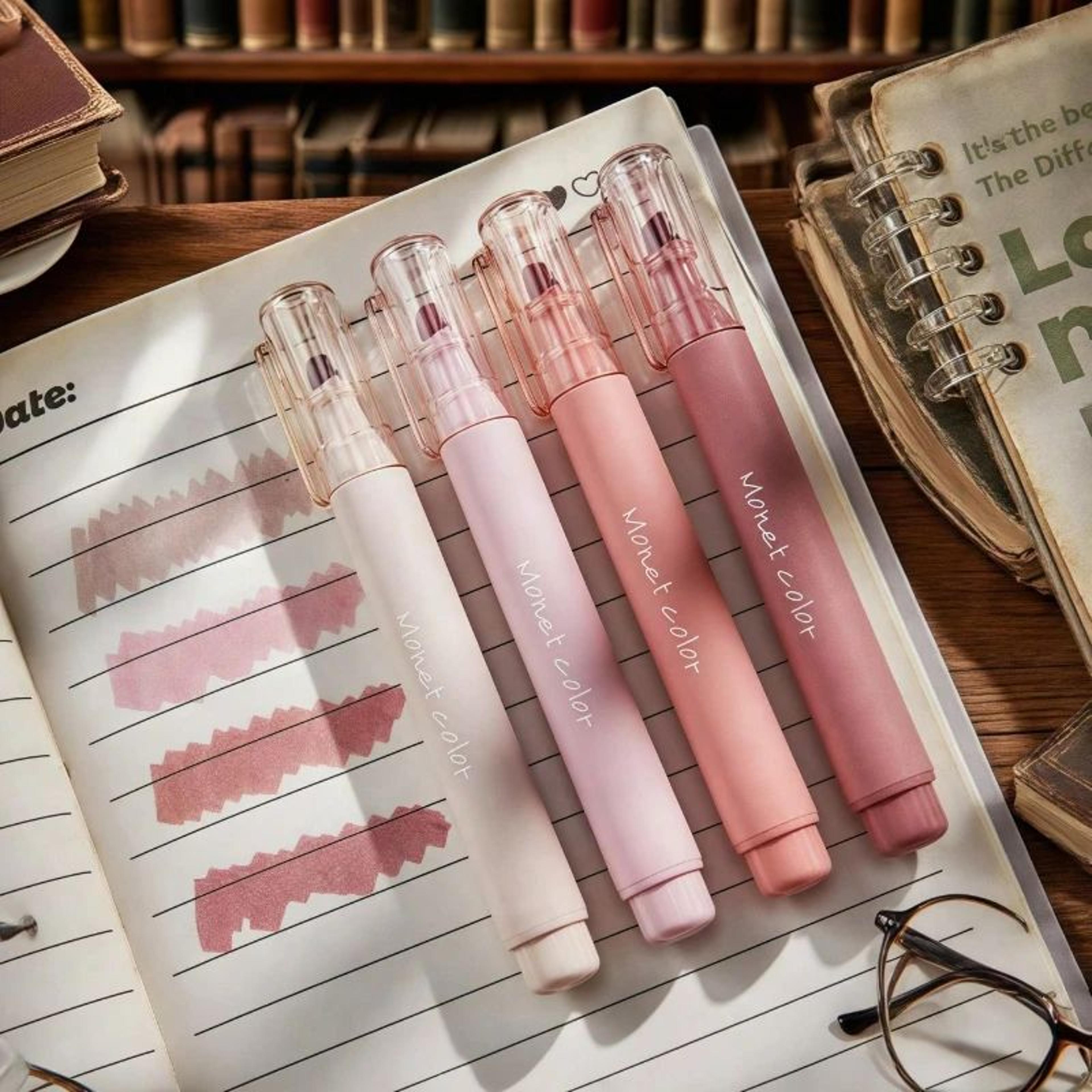 morandi pink soft touch gel highlighter pens – 4 pack quick-dry water-based study markers