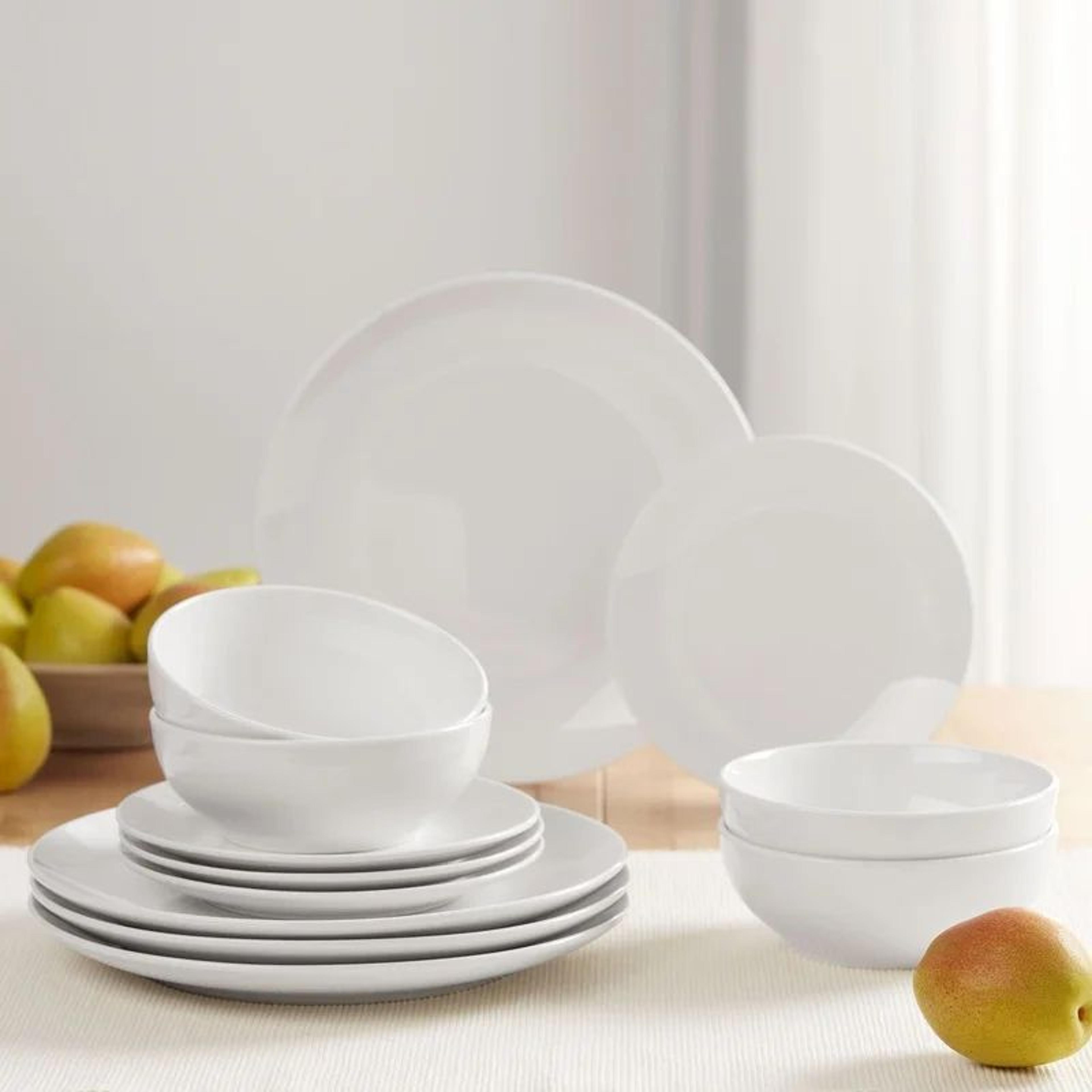 12-piece white stoneware dinnerware set – elegant plates & bowls, microwave & dishwasher safe tableware for 4