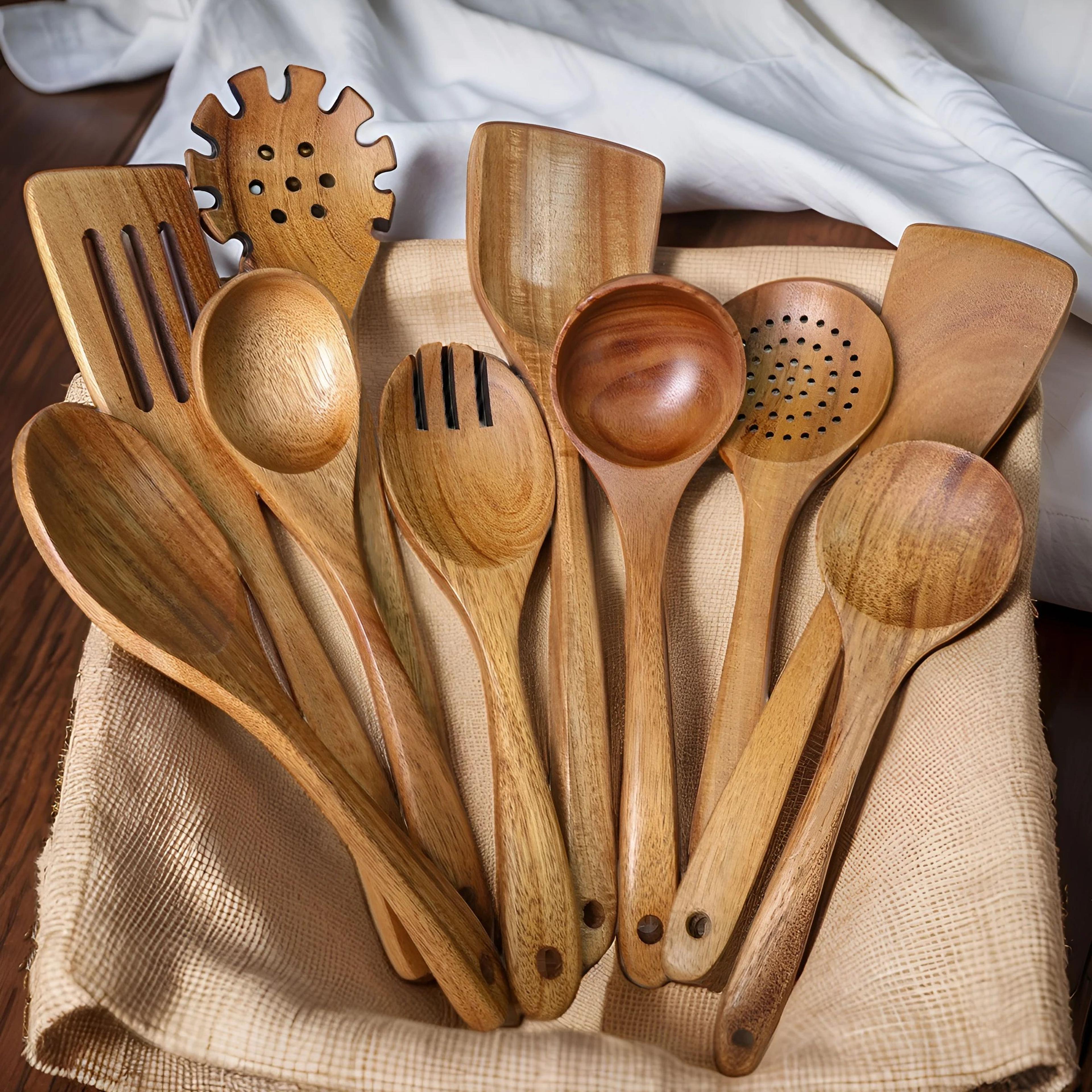 10-piece wooden kitchen utensils set – natural cooking spoons & tools for non-stick cookware