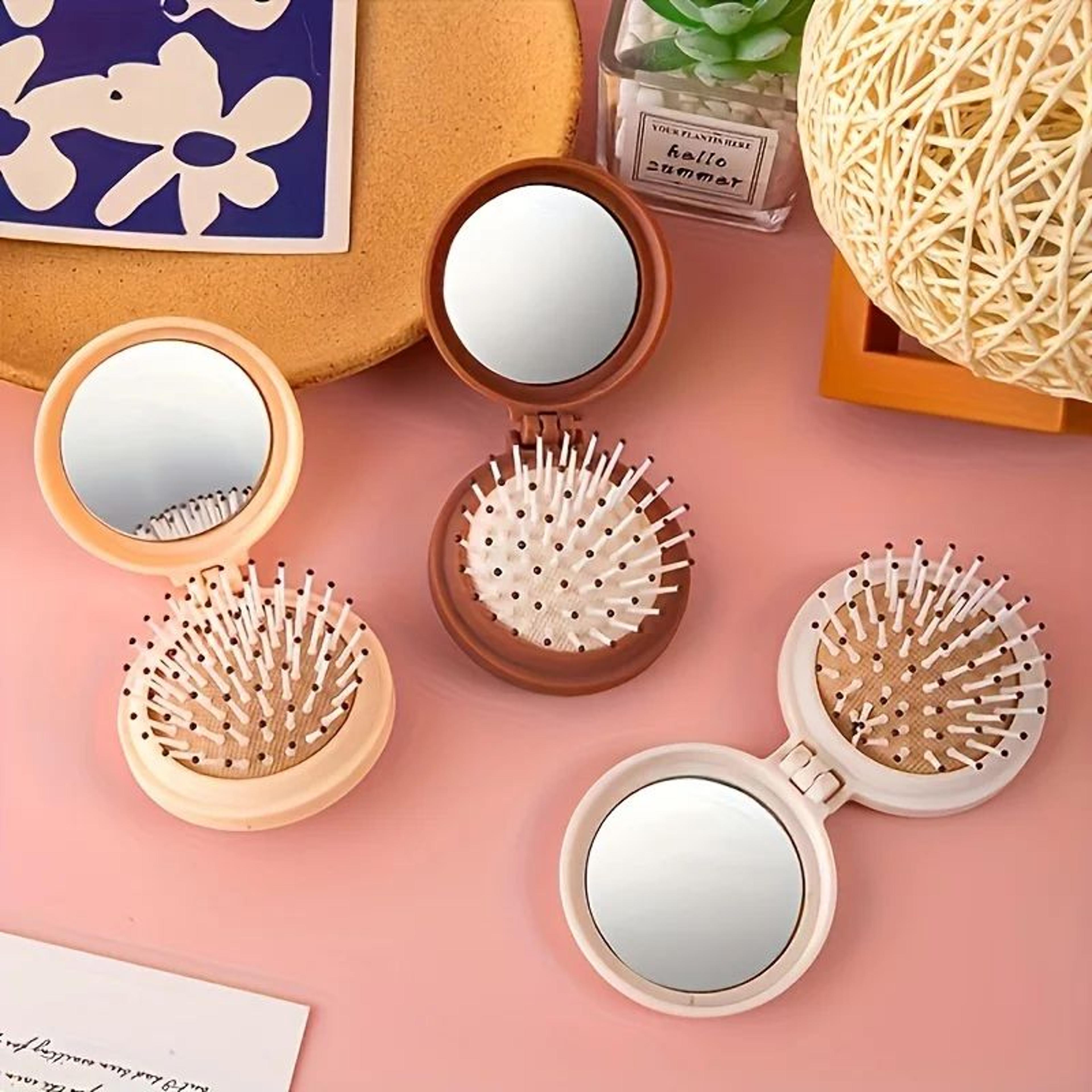 mini folding travel hair brush with mirror – portable compact dual fold styling brush for women