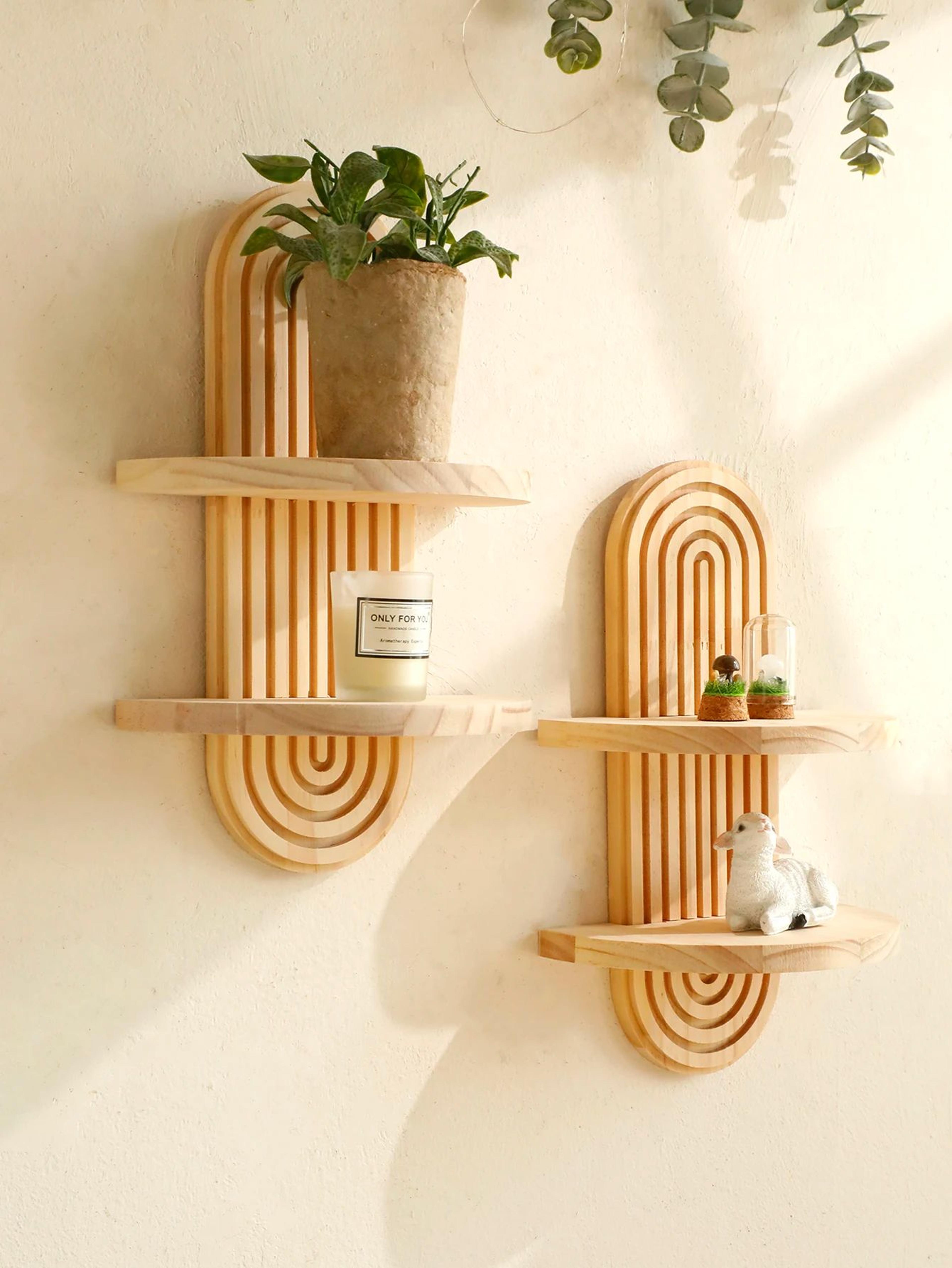 boho geometric wooden wall shelves – natural wood floating display shelves for plants & home decor