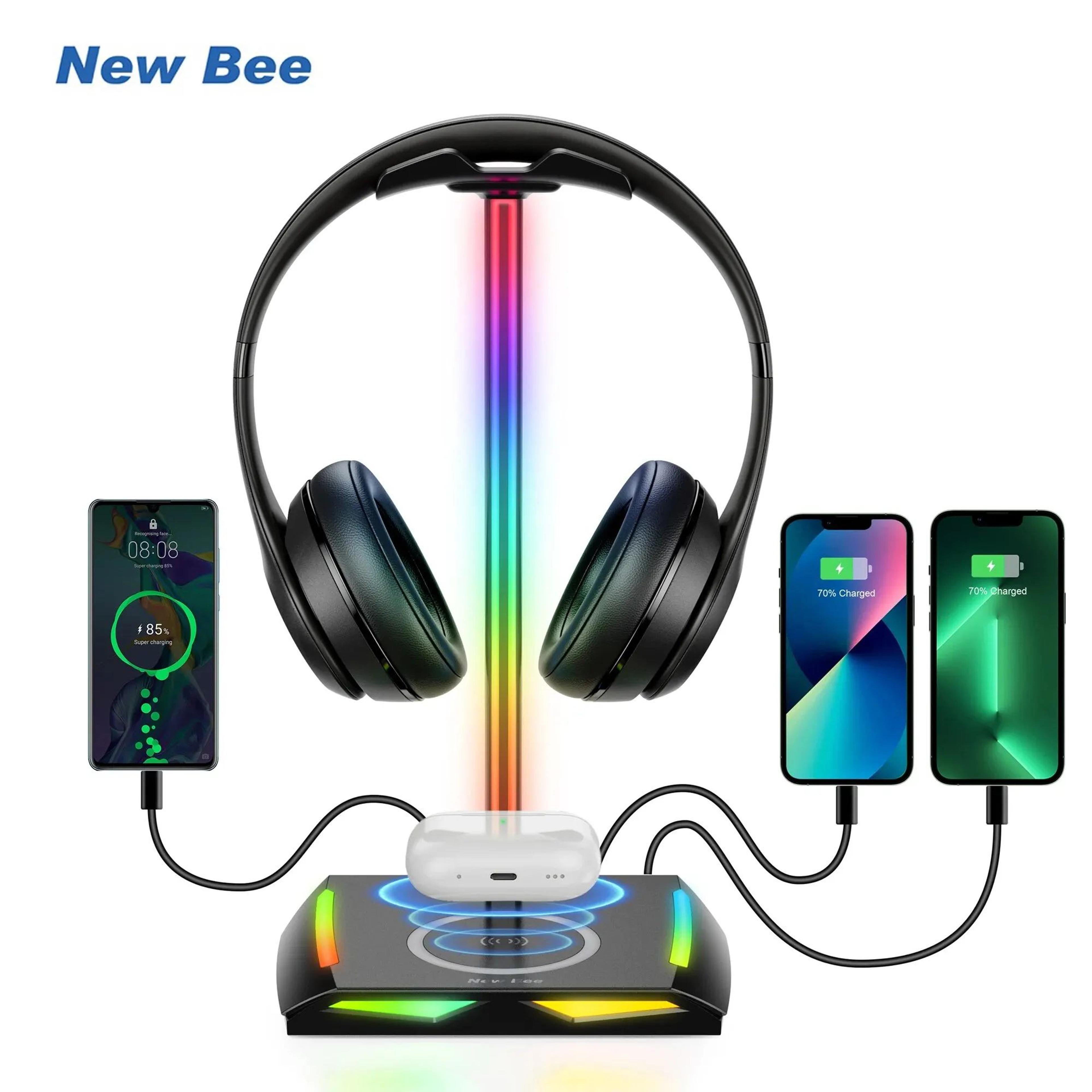 rgb headset stand with wireless charger, gaming headphone holder dock with led lights & non-slip base