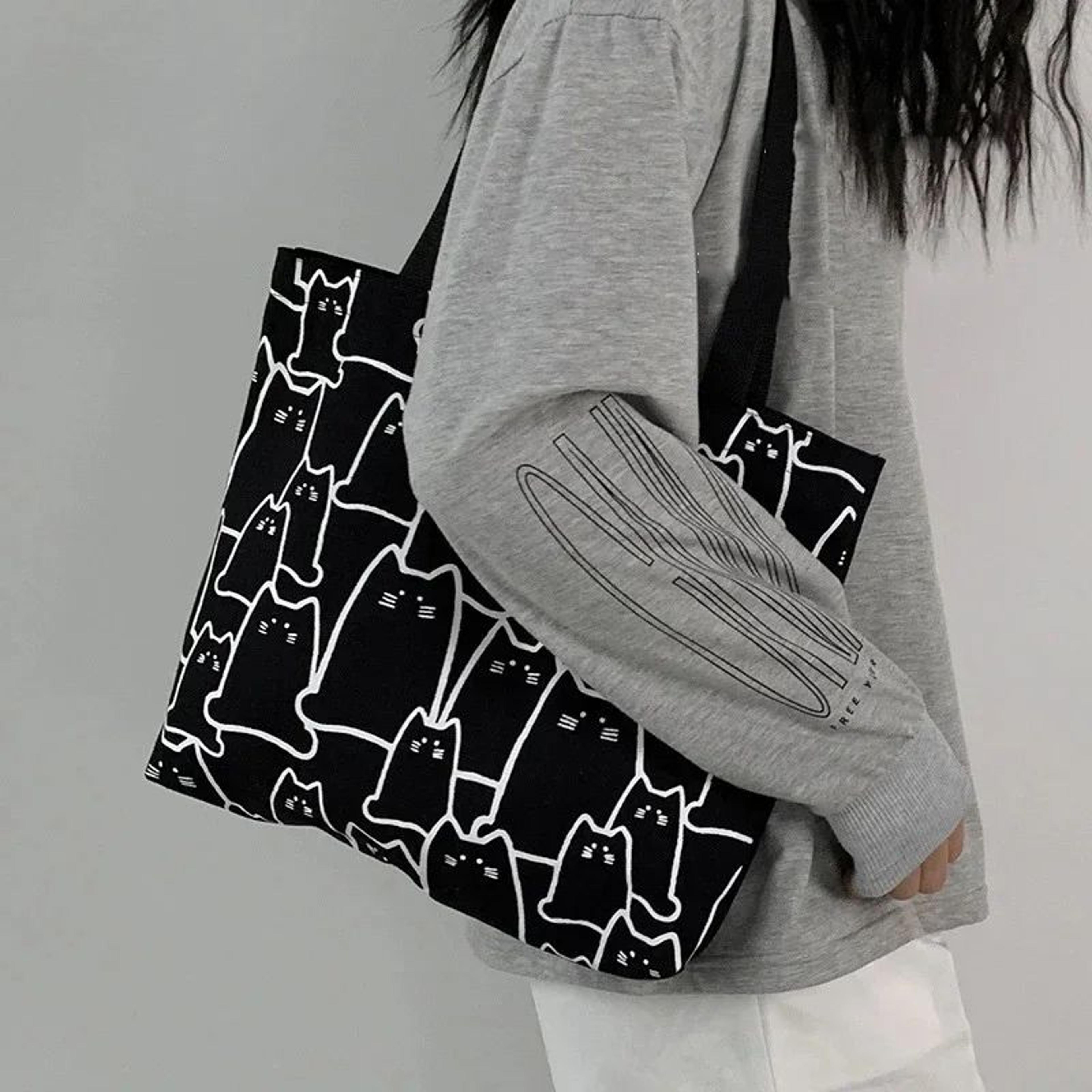 cute cat canvas tote bag, japanese cartoon shoulder shopper handbag for women with zipper