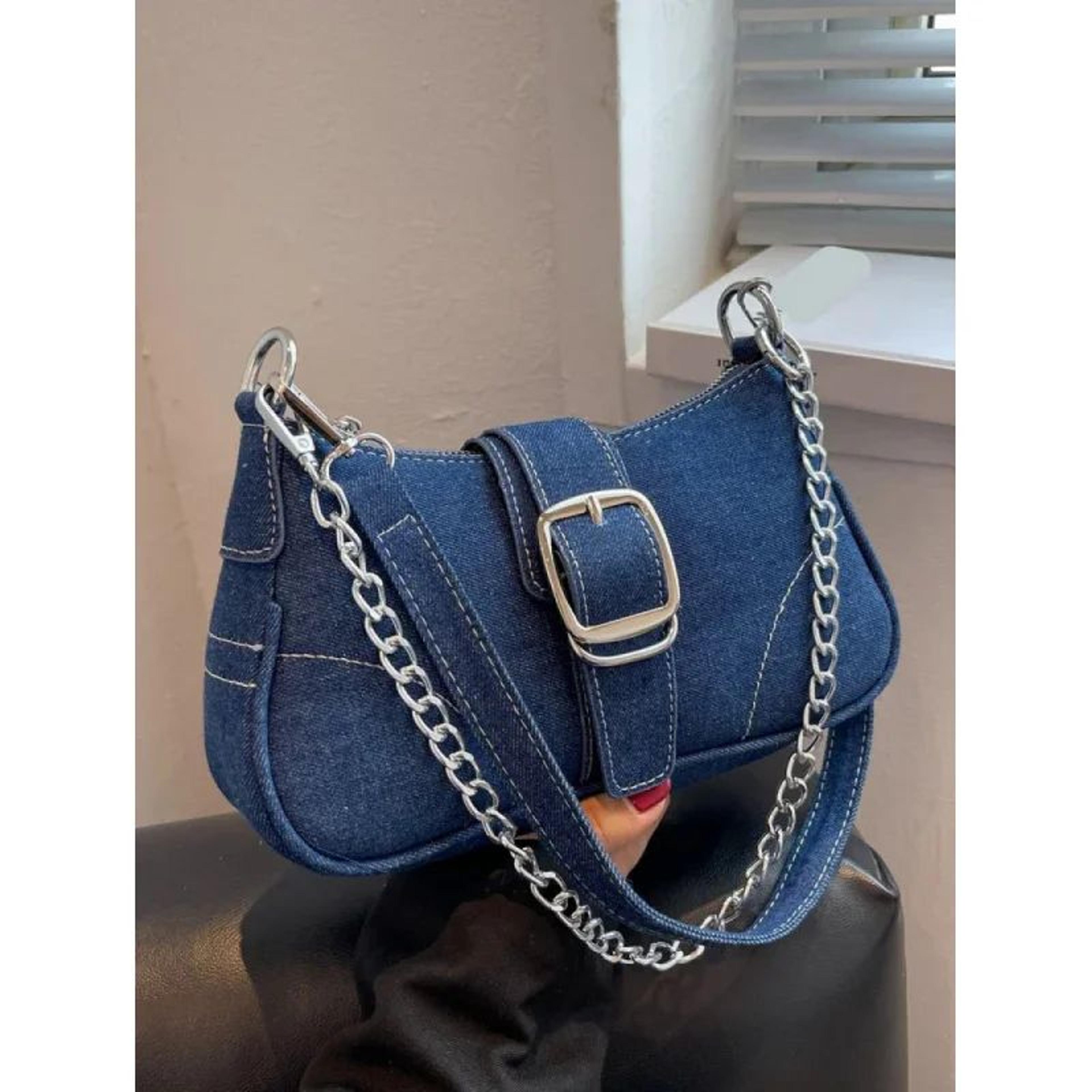 retrochic y2k denim baguette shoulder bag | trendy women's crossbody mini jeans purse