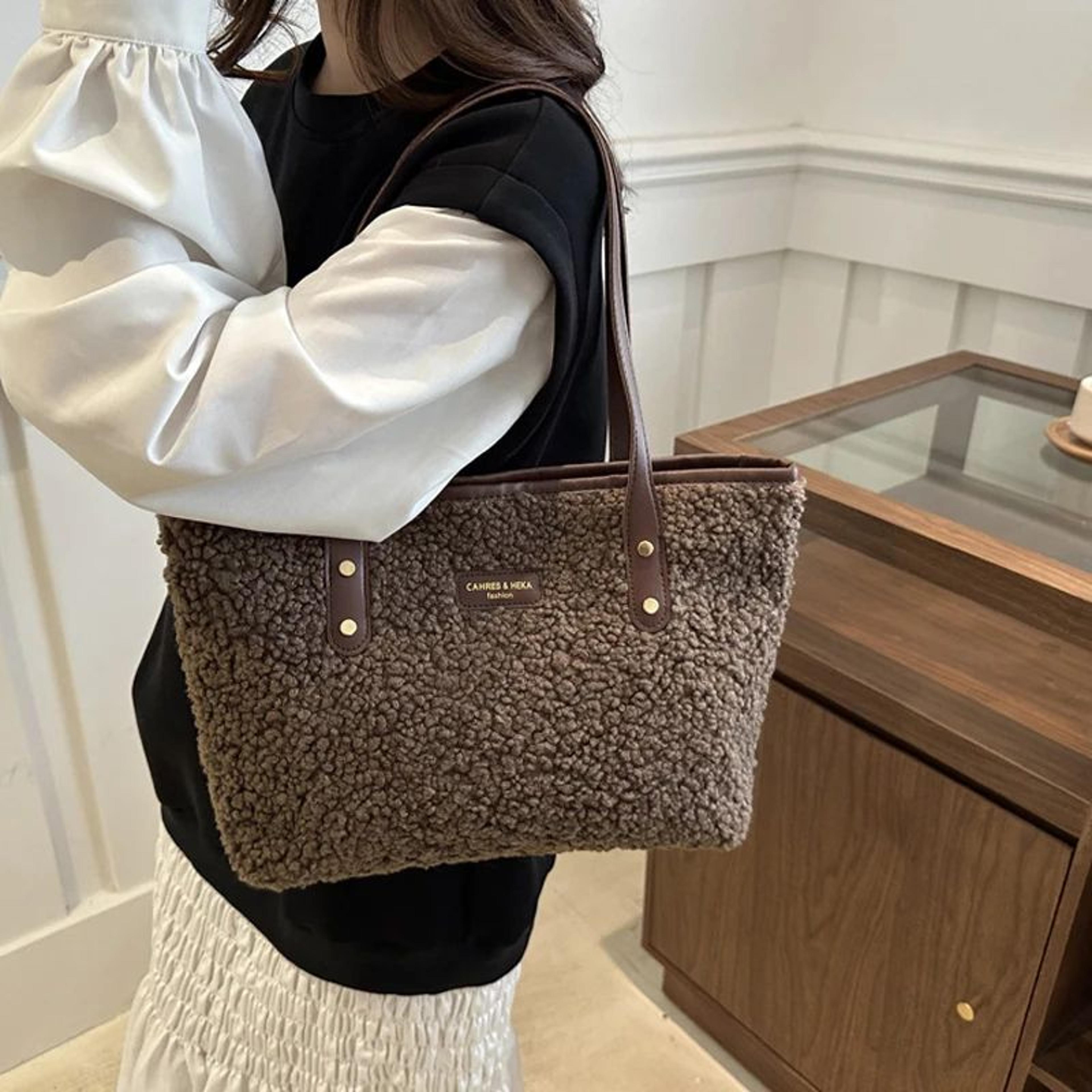 cozycarry faux fur large capacity tote bag | soft lamb wool women's winter shoulder handbag with zipper