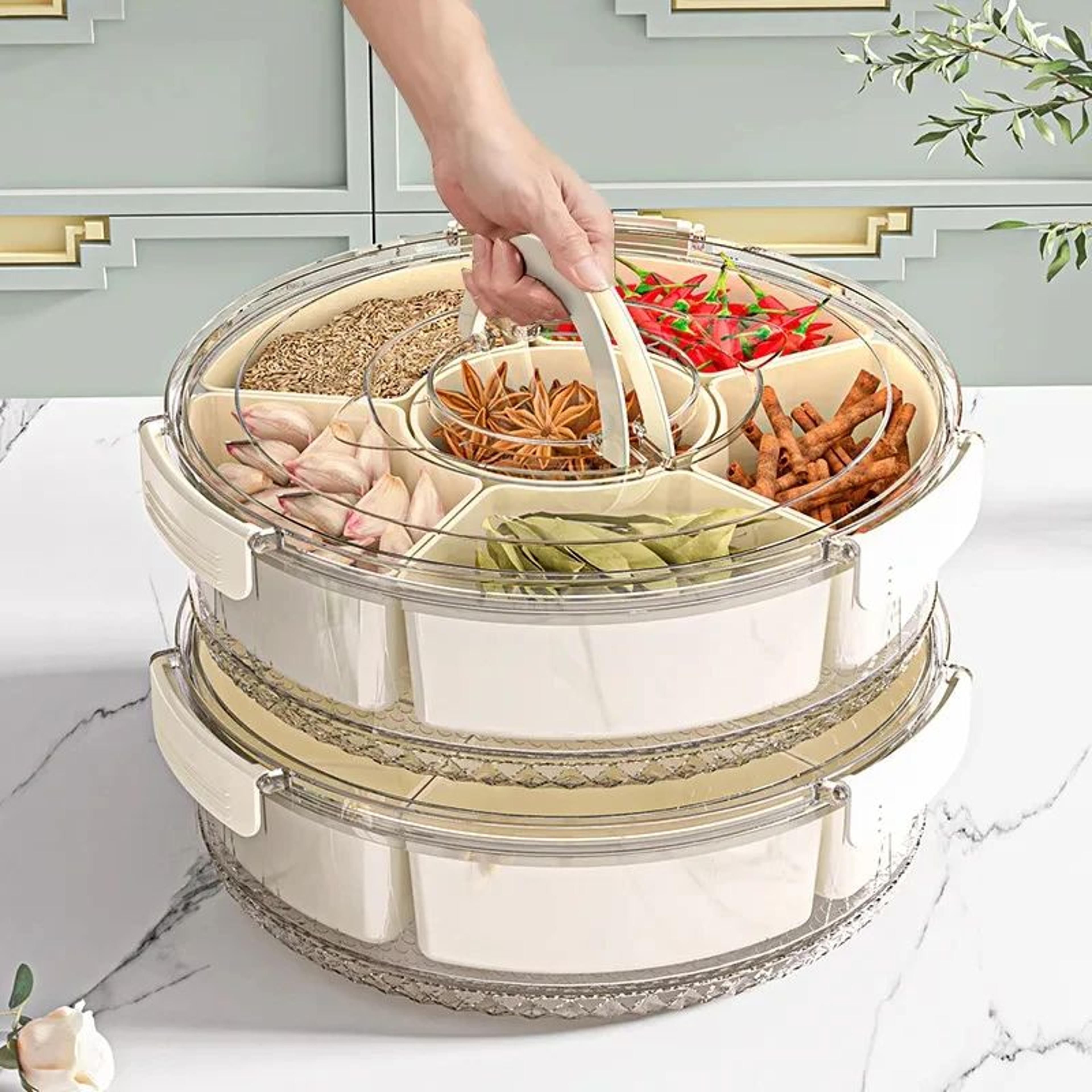 rotating 5-compartment snack storage tray with lid & handle – multi-section food organizer