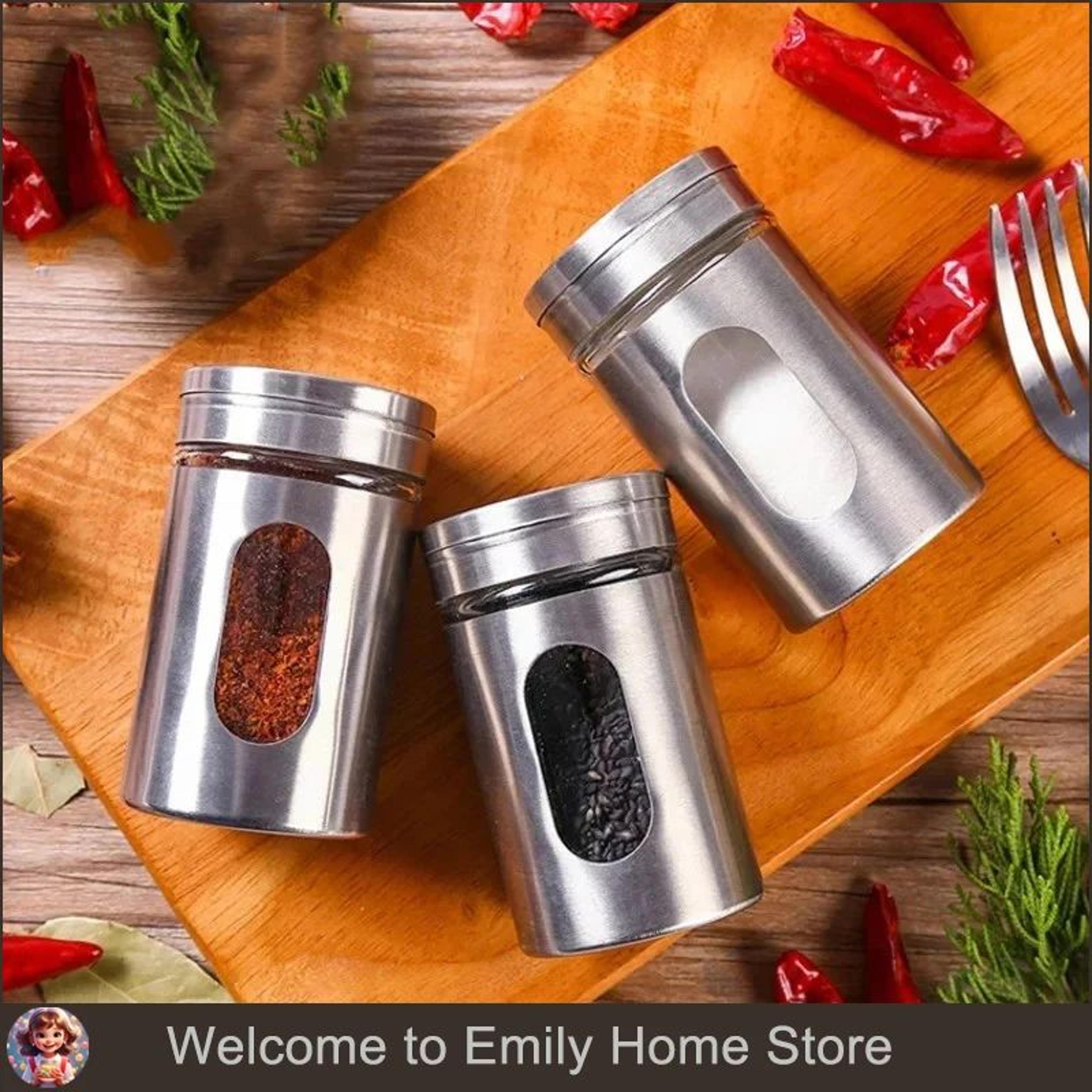spicespin stainless steel seasoning shaker set – rotating salt, pepper & spice storage jars for kitchen & bbq