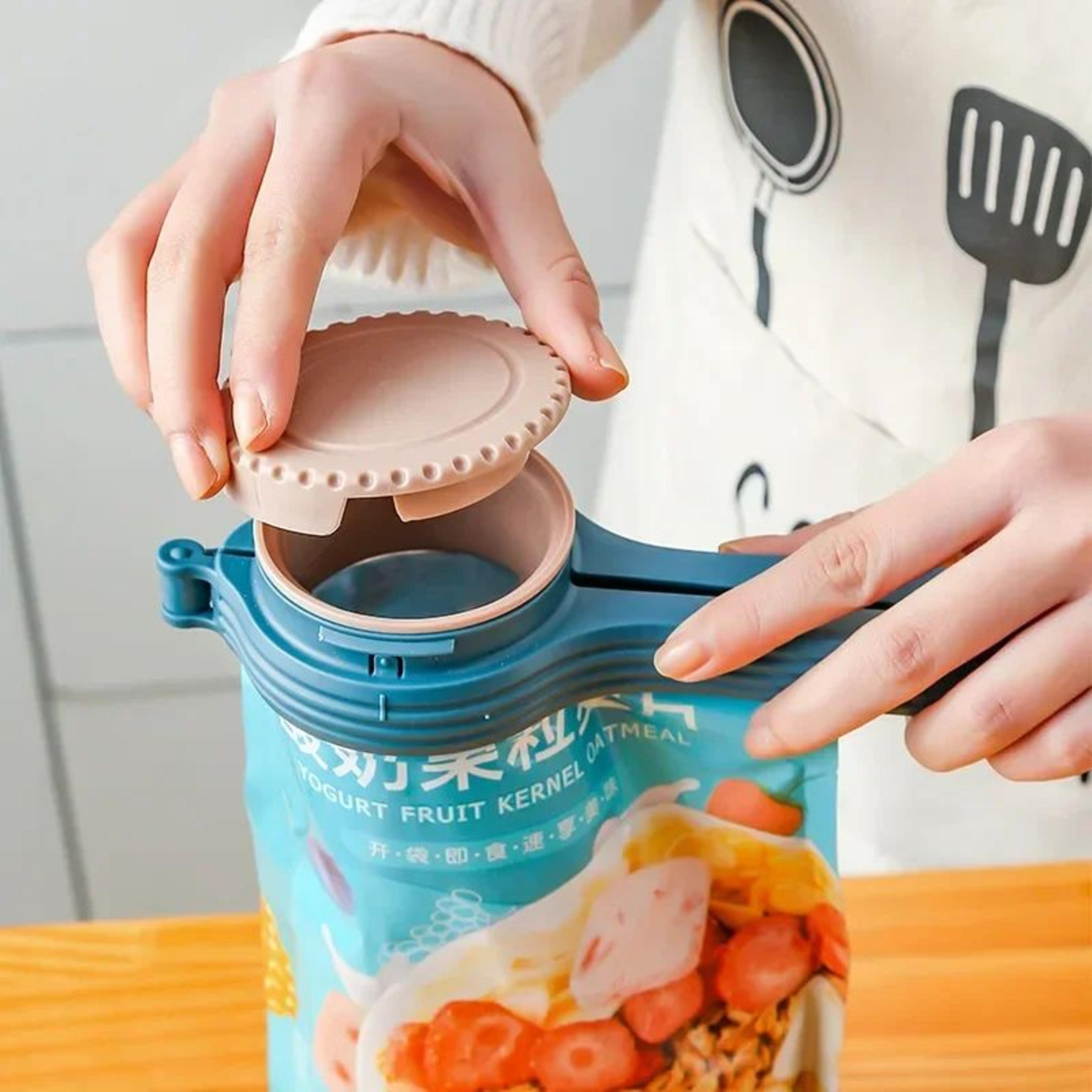 2-in-1 food storage bag sealing clips with pour spout – airtight plastic snack sealer & kitchen organizer