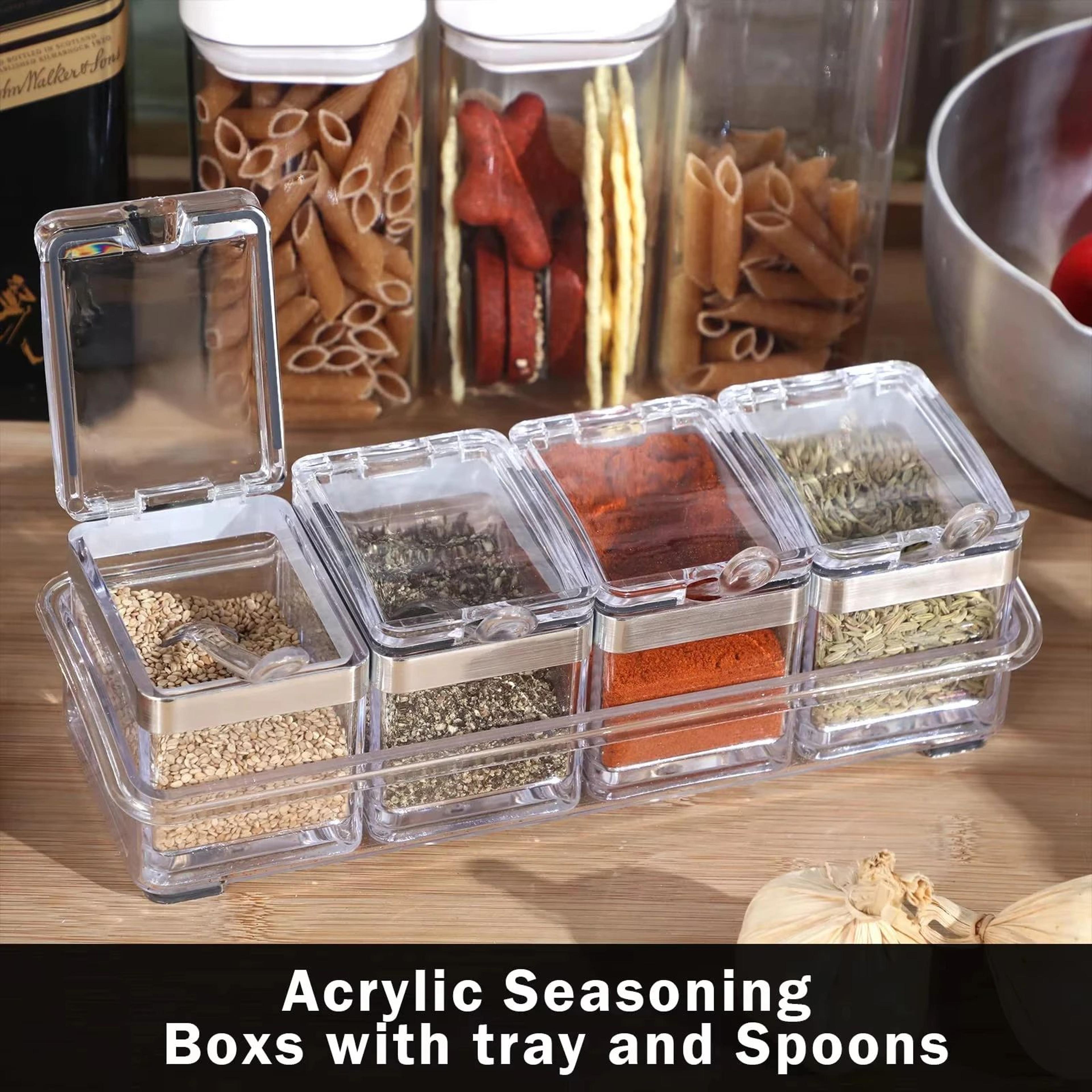 acrylic seasoning box set with 4 spoons – clear airtight spice jar organizer for kitchen storage