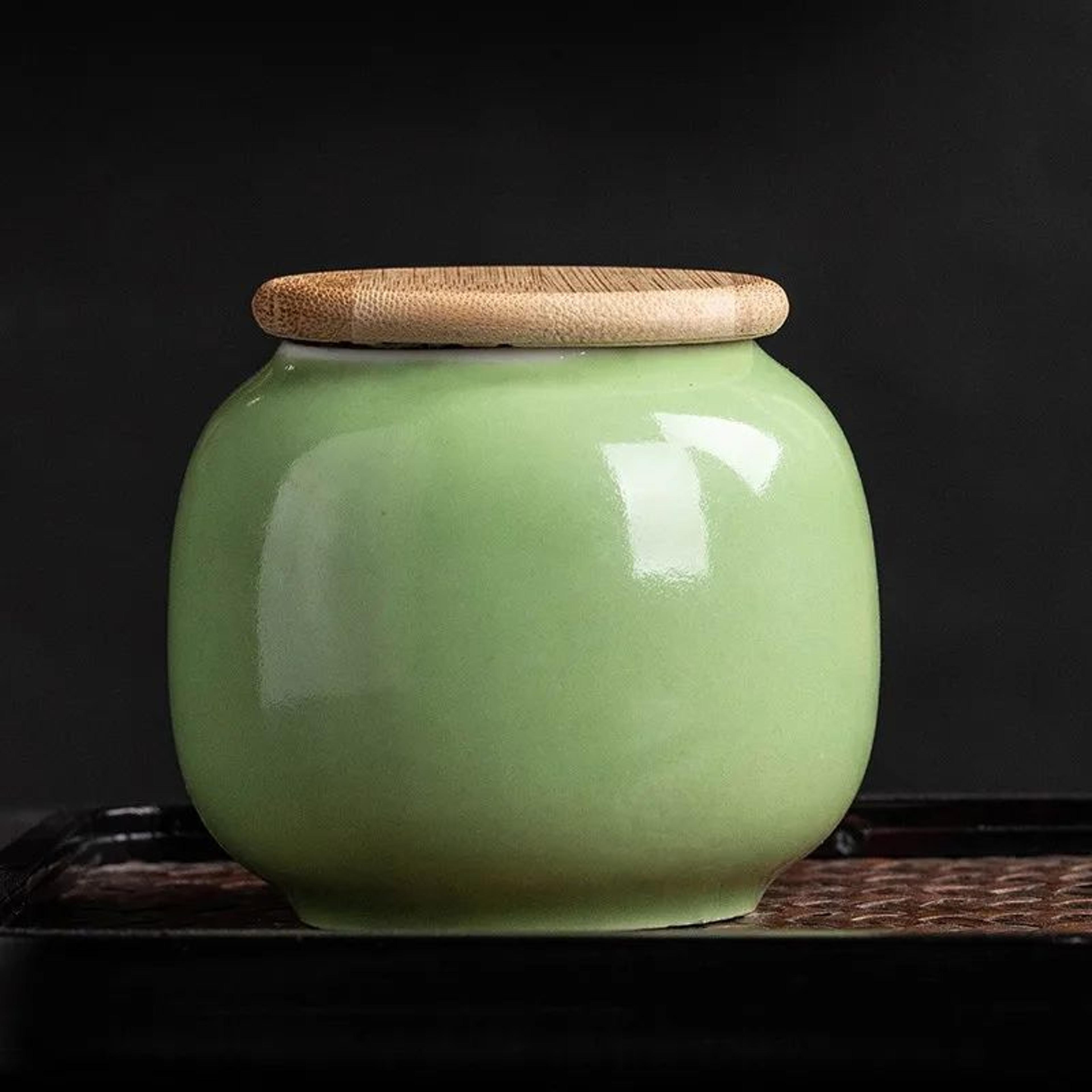 vintage ceramic storage jar with bamboo lid – mini european tea, candy & cookie sealed container decor