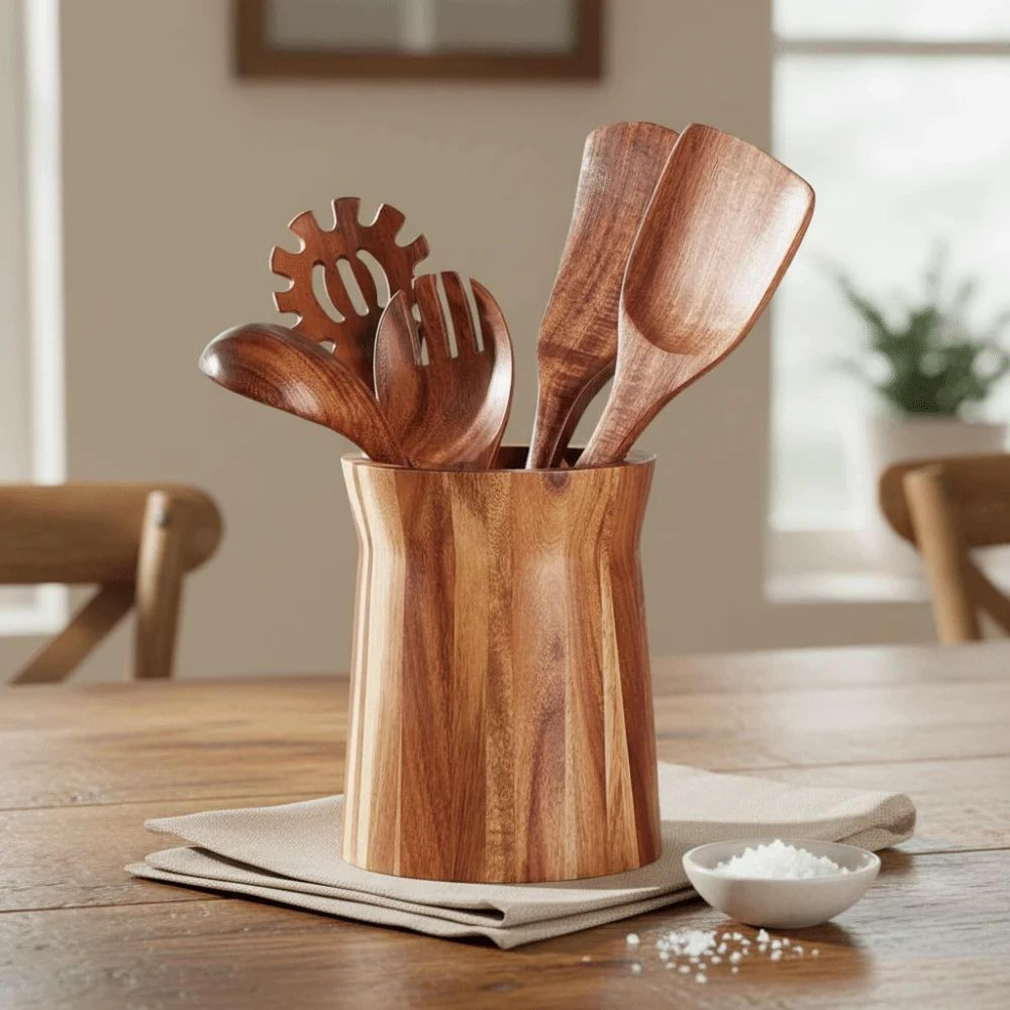 360° rotating wooden utensil holder – farmhouse trapezoid cutlery & chopstick storage organizer