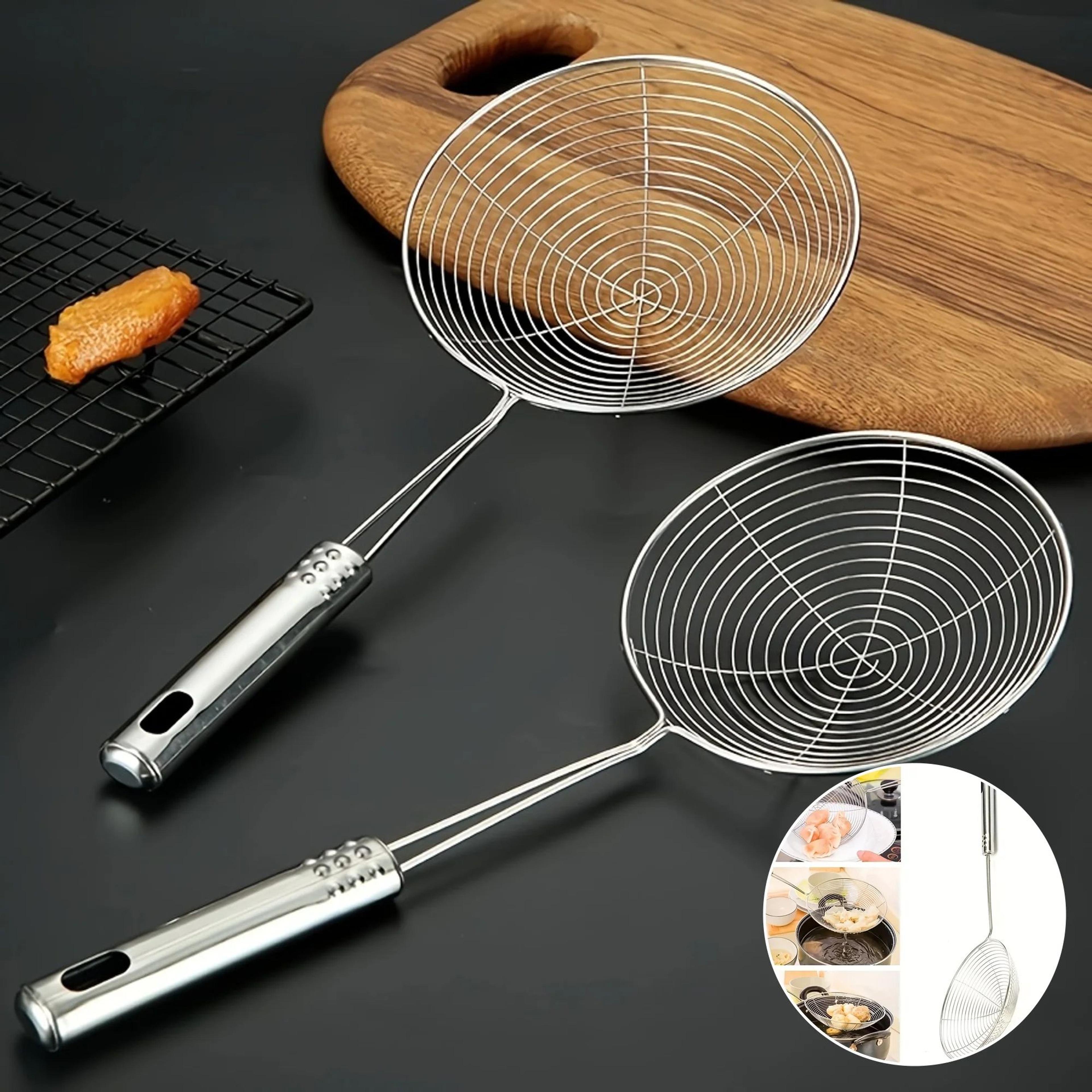 stainless steel strainer ladle – wire skimmer spoon for frying, oil straining & cooking