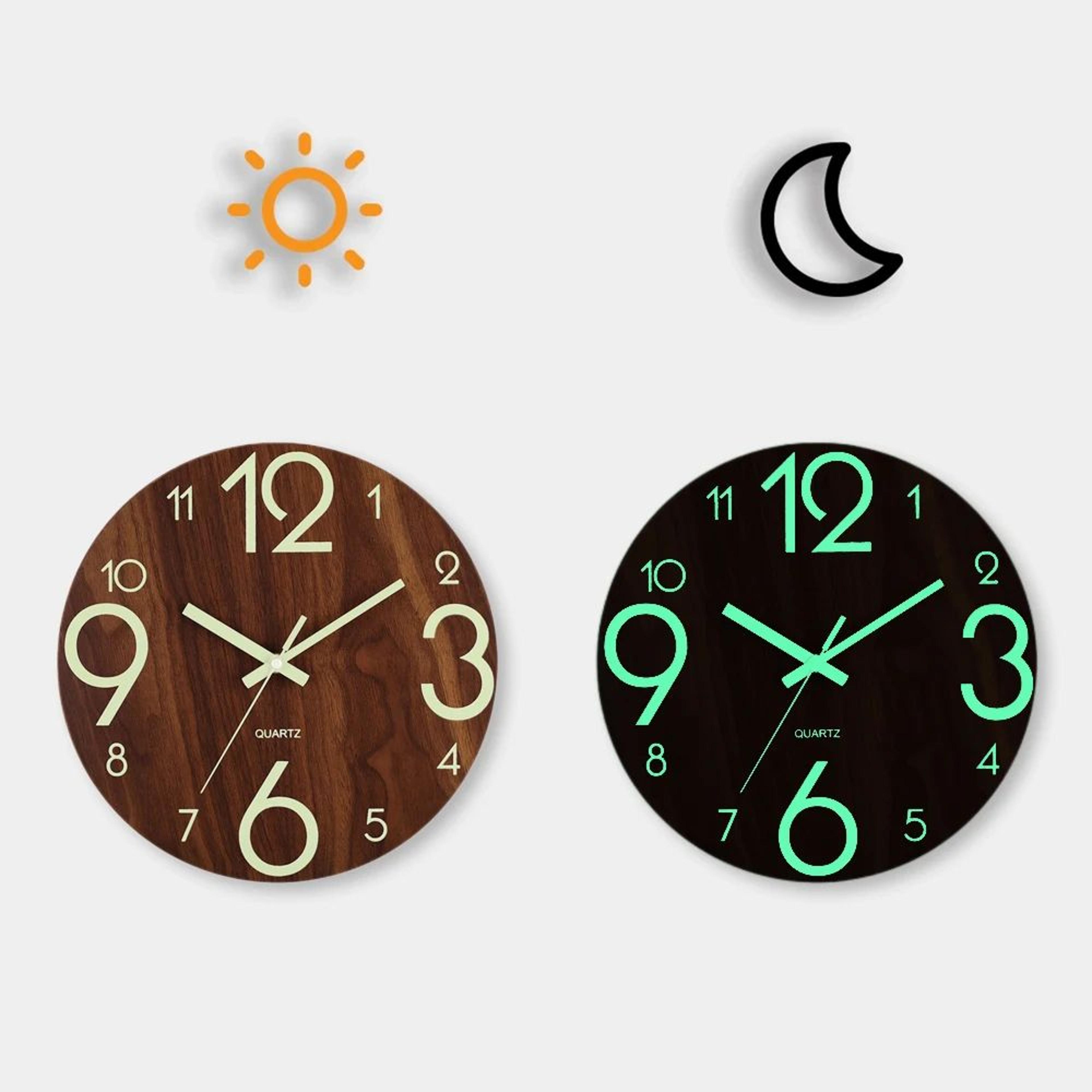 luminous wooden wall clock – silent non-ticking glow-in-the-dark nordic modern wall decor clock