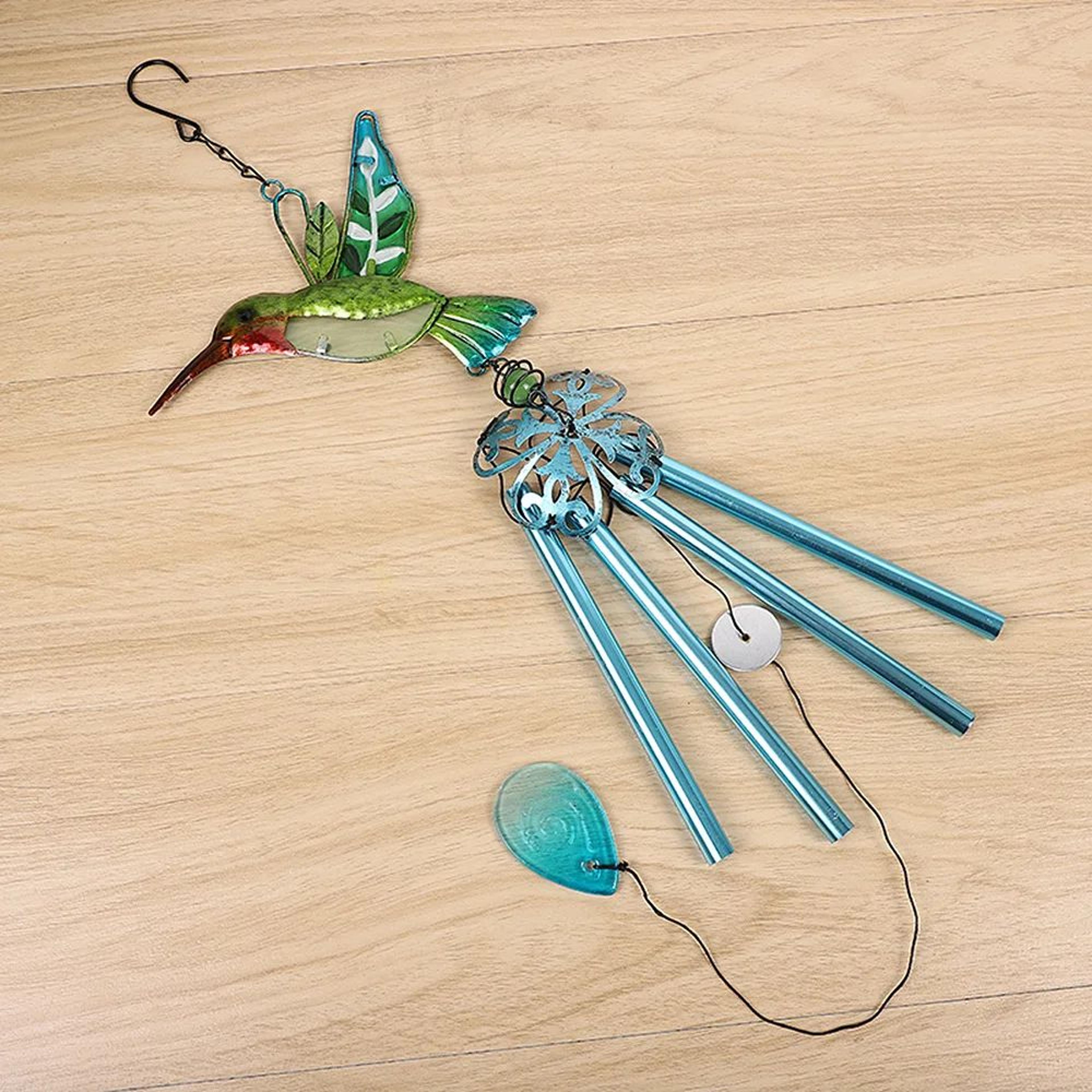 hummingbird & dragonfly wind chime – metal glass hanging bell outdoor garden decor