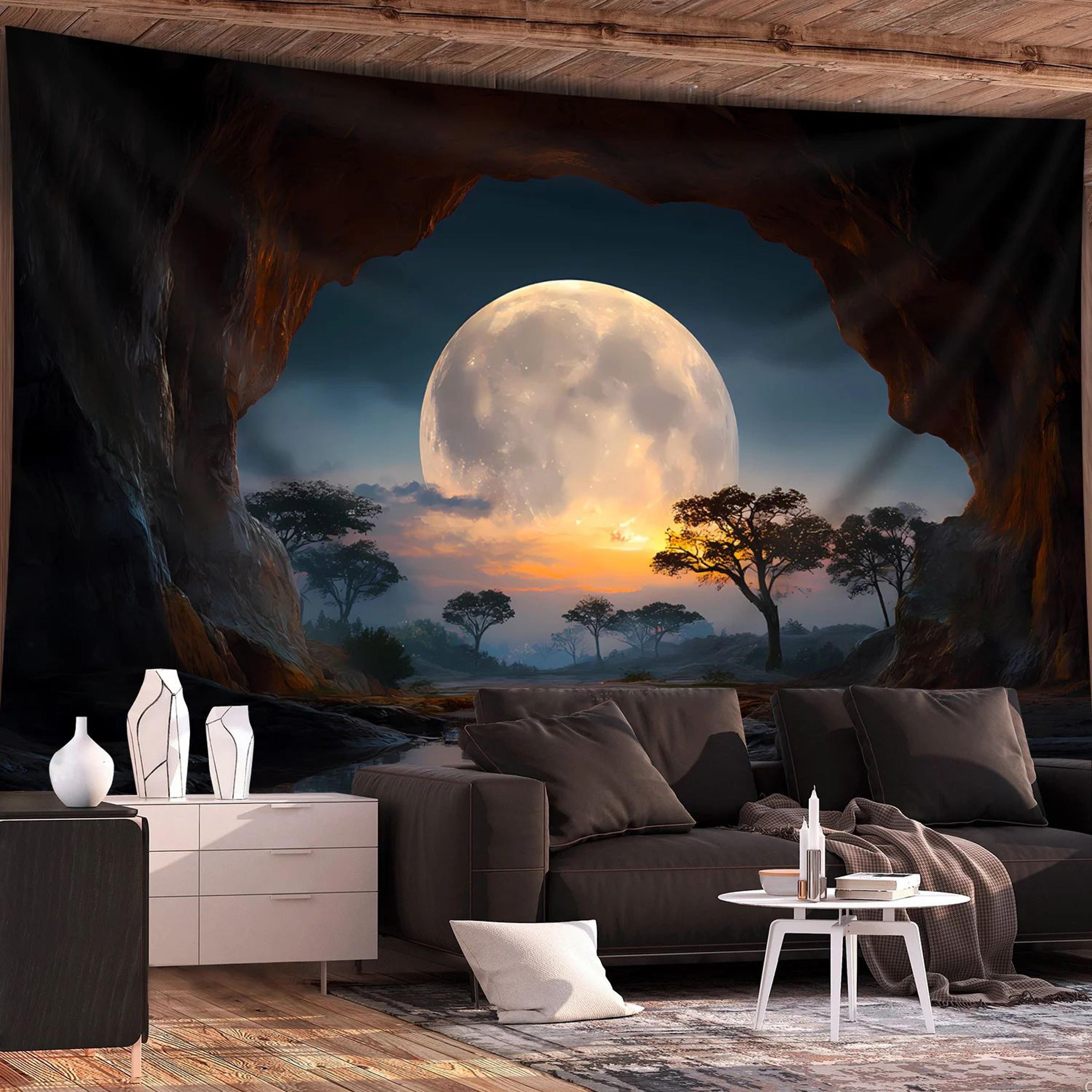 tranquil moon cave forest tapestry – scenic polyester wall hanging for bedroom & living room decor