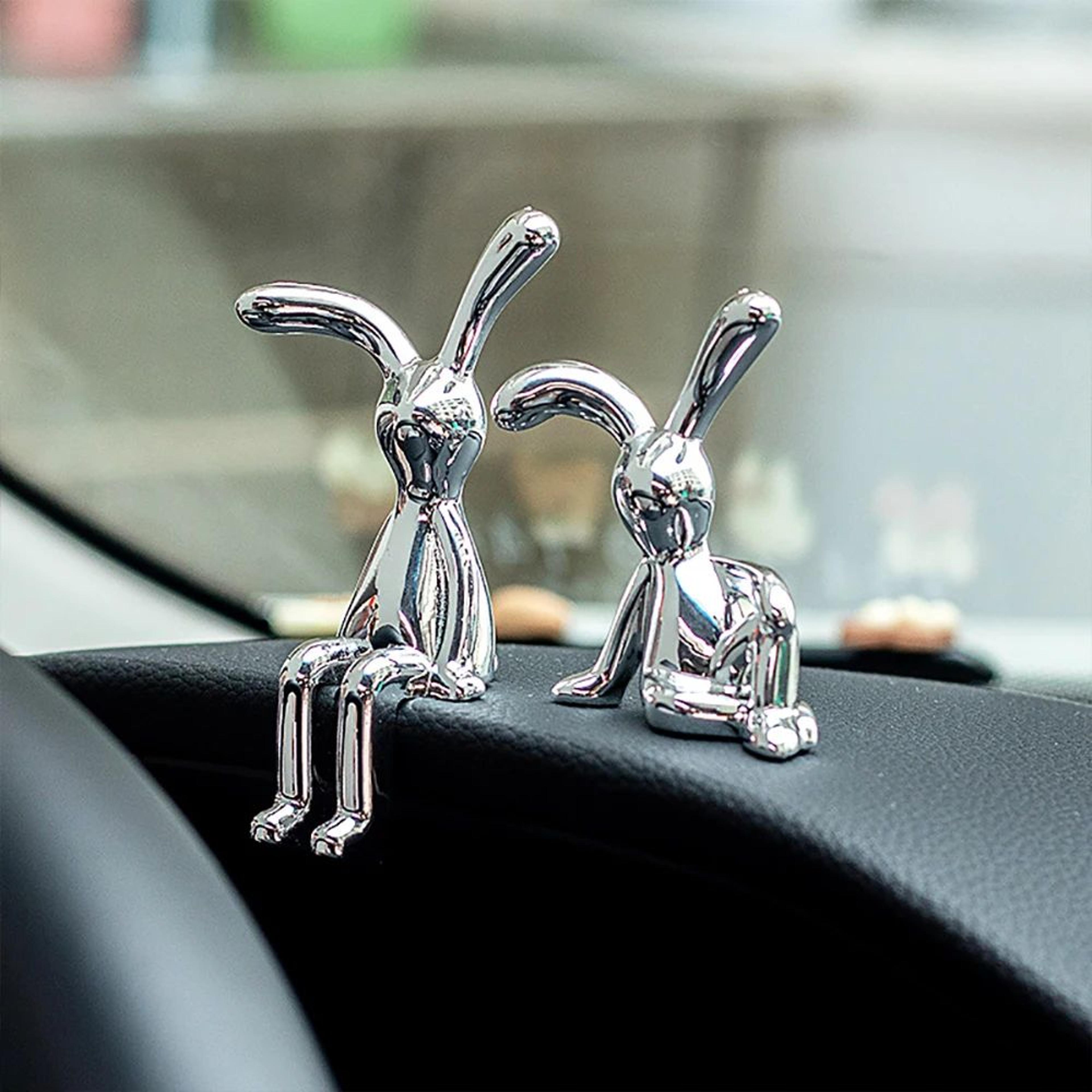 silver long-eared rabbit statue set – 2pcs cute decorative figurines for home, car & desktop