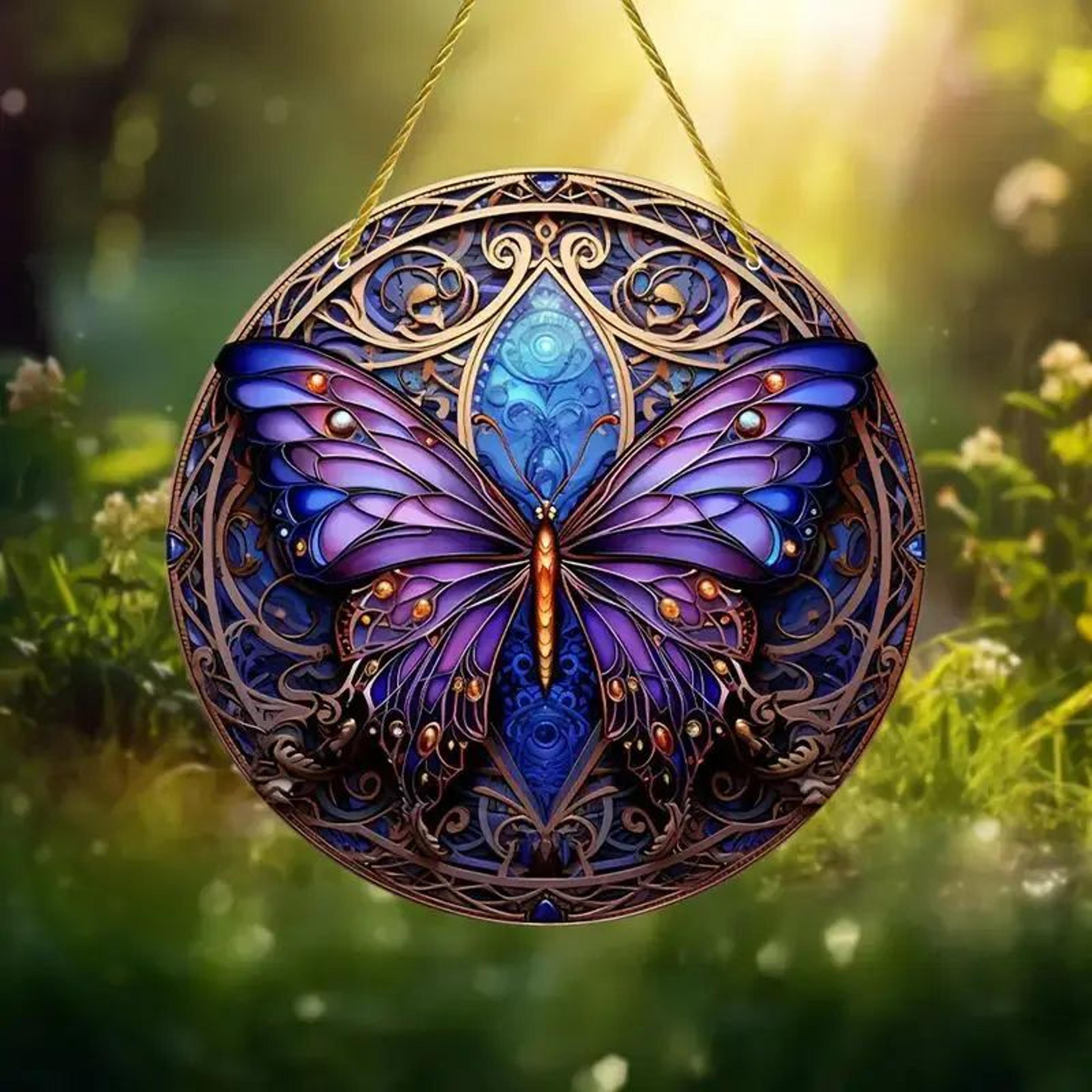 butterfly acrylic suncatcher hanging decor – round stained window art ornament with golden rope