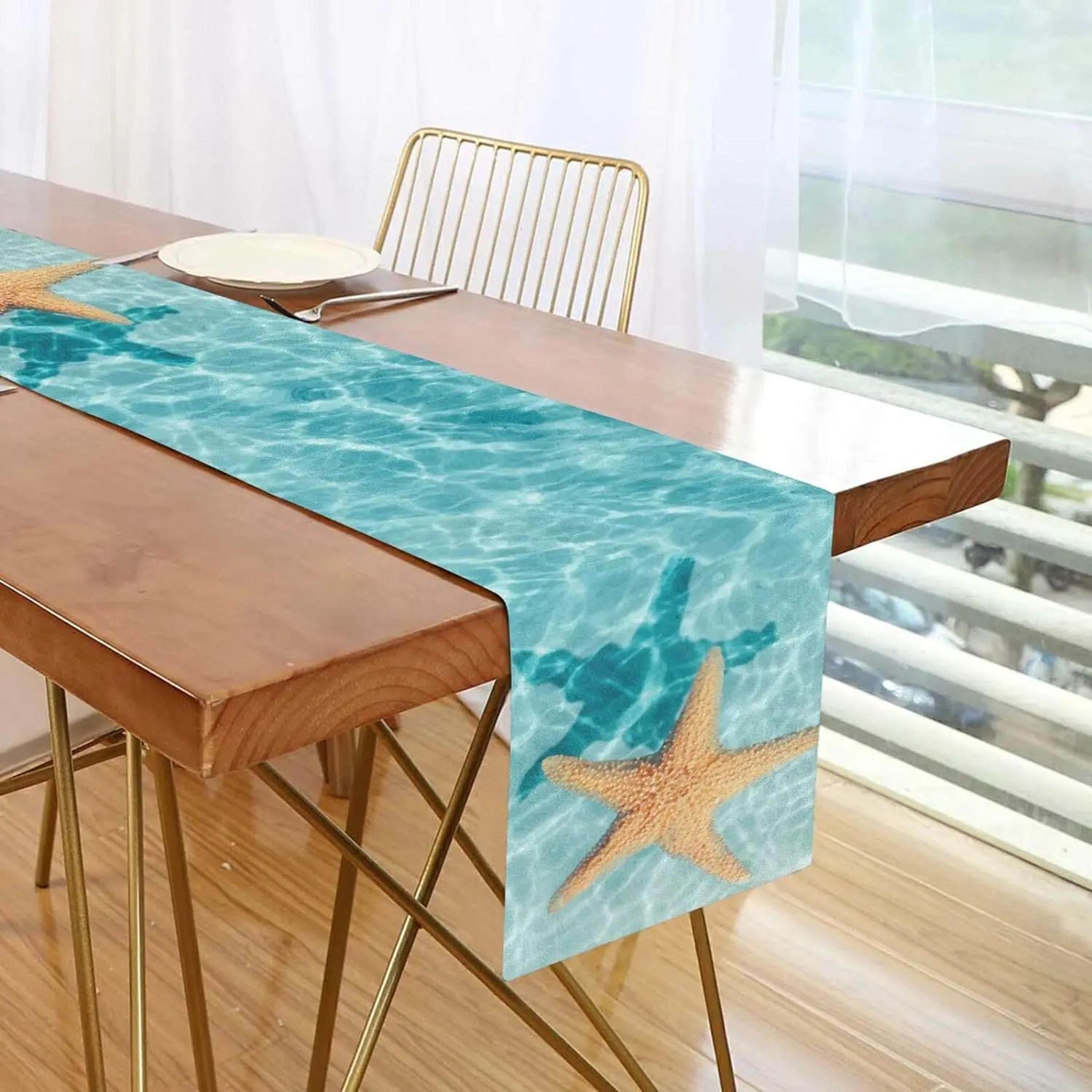 coastal starfish watercolor linen table runner – ocean beach dining decor, reusable farmhouse table scarf