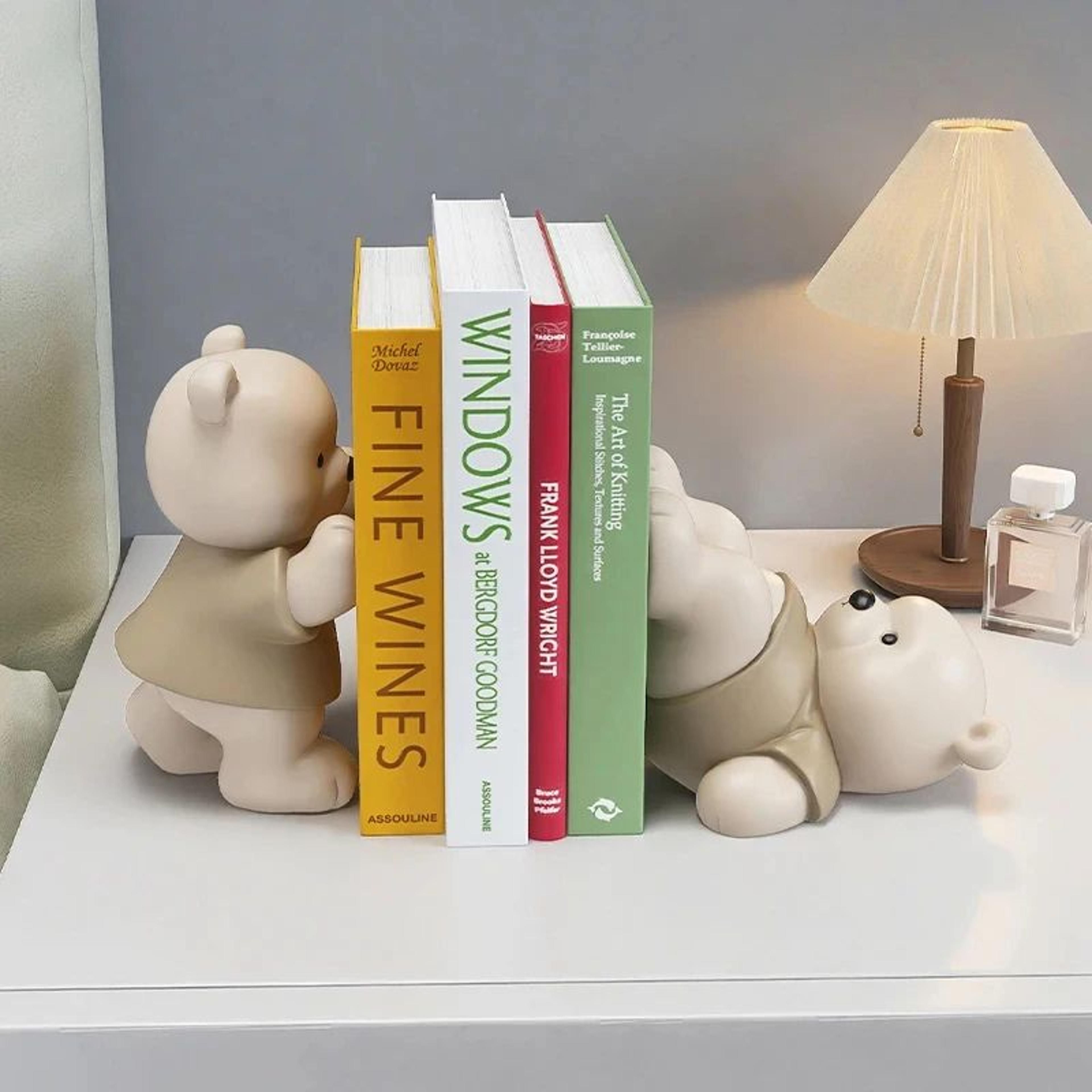 cute bear bookend figurine – cream style decorative book holder for home & shelf decor