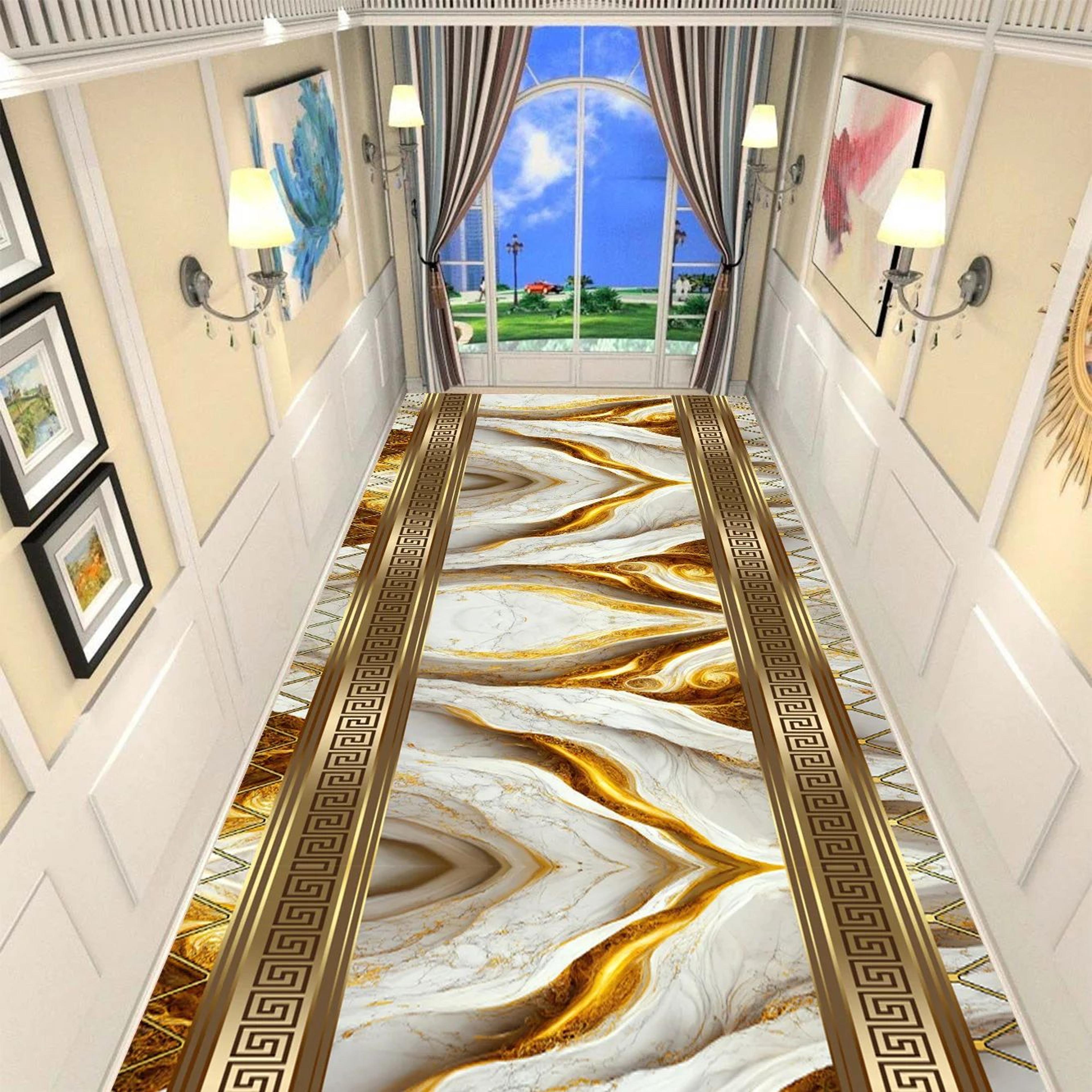 golden abstract marble runner rug – non-slip hallway carpet luxury 3d print washable floor mat