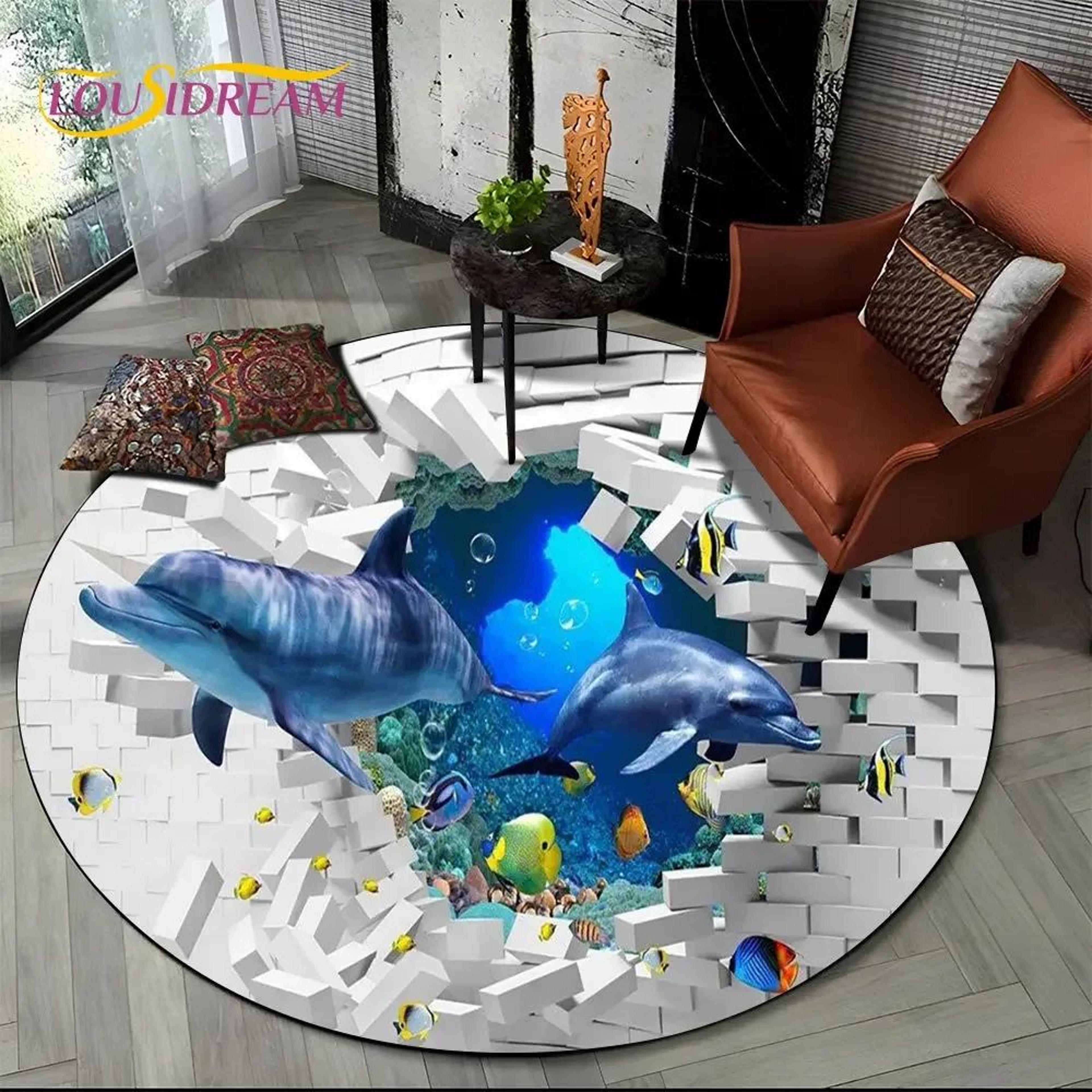 3d underwater dolphin round area rug – ocean illusion non-slip carpet for living room bedroom decor