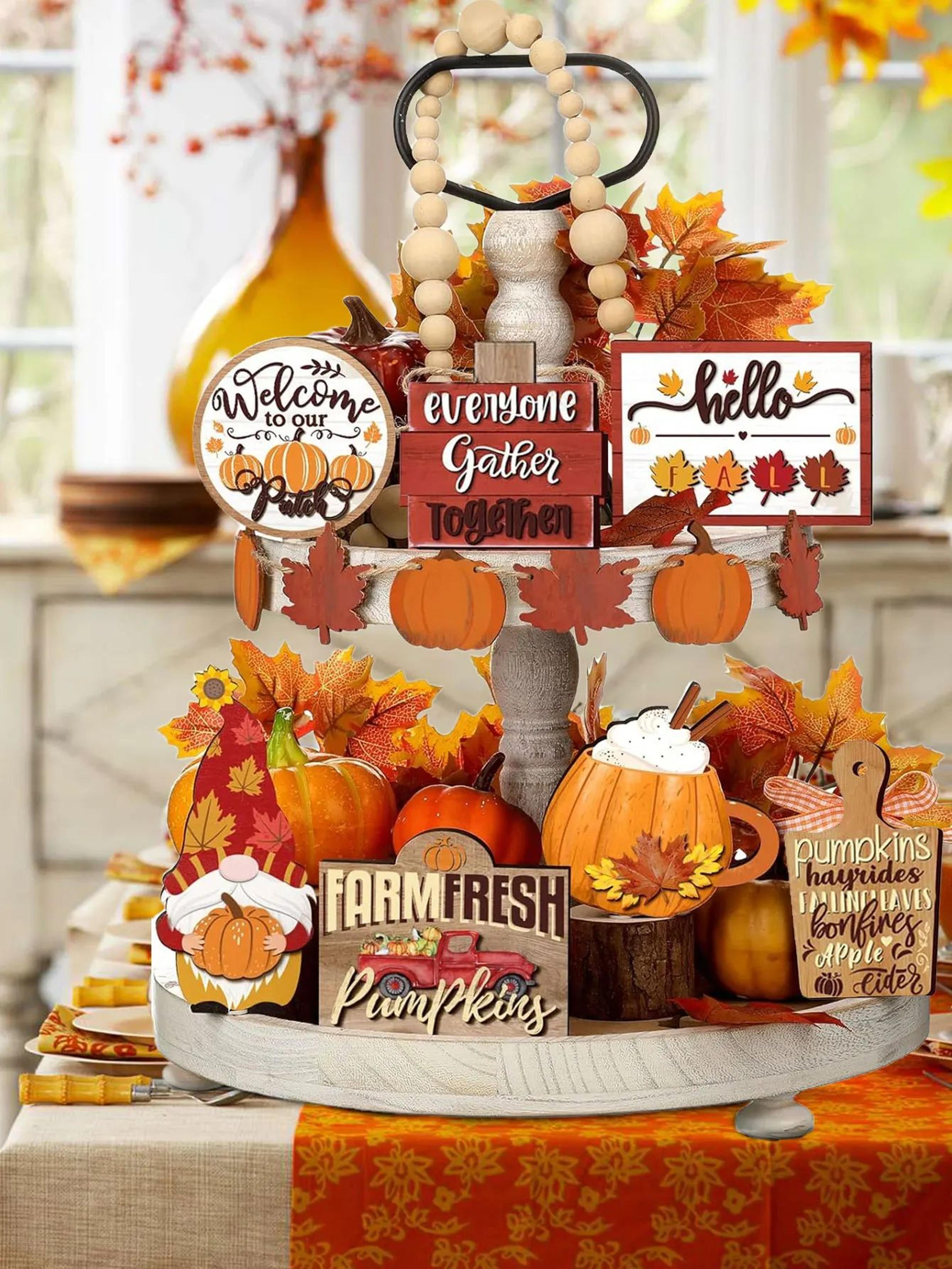 rustic farmhouse wooden tiered tray decor set – autumn pumpkin spice & maple leaf centerpiece accents