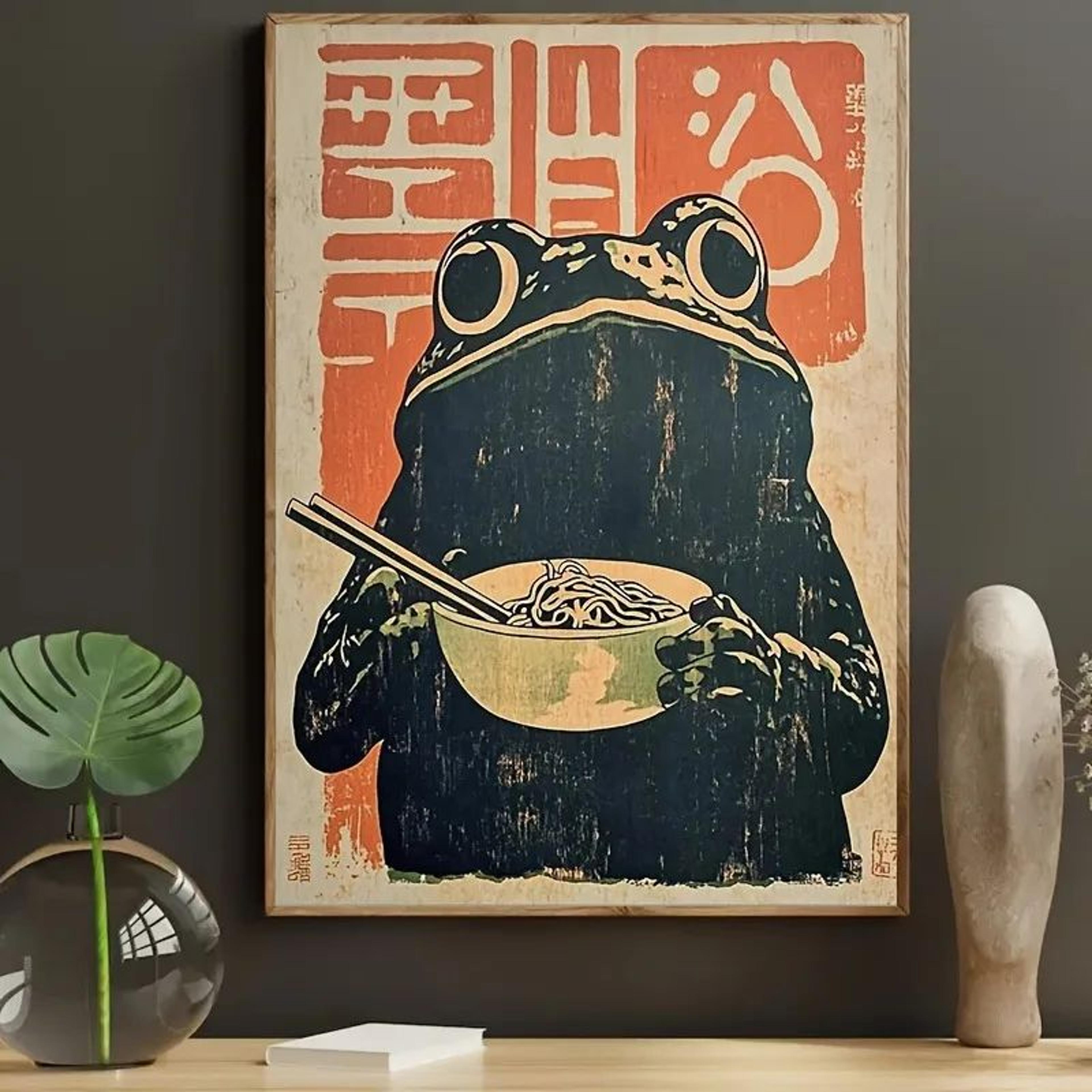 retro japanese frog ramen canvas wall art – art deco frameless aesthetic print