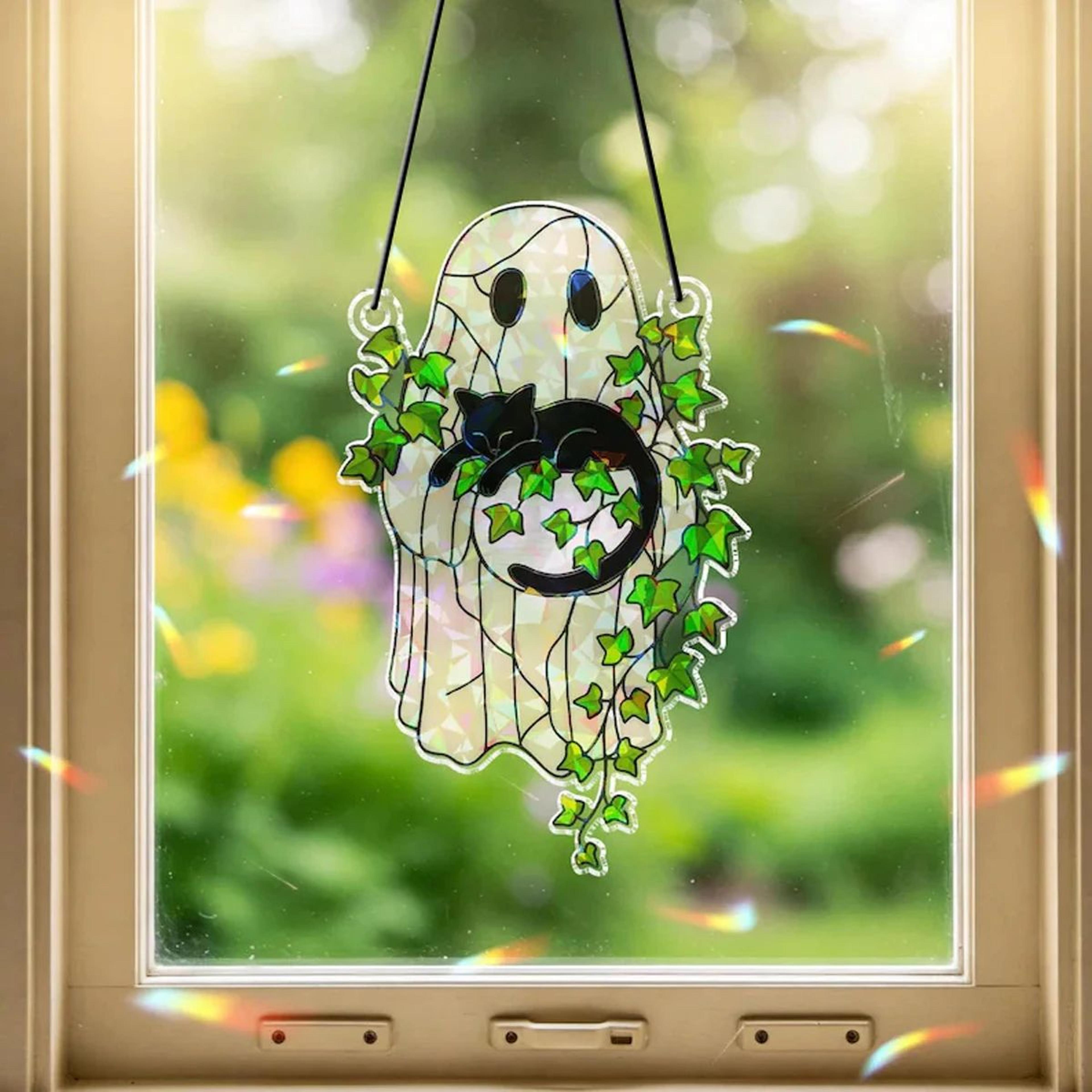 spooky cute ghost acrylic suncatcher – halloween window hanging with black cat & green leaf