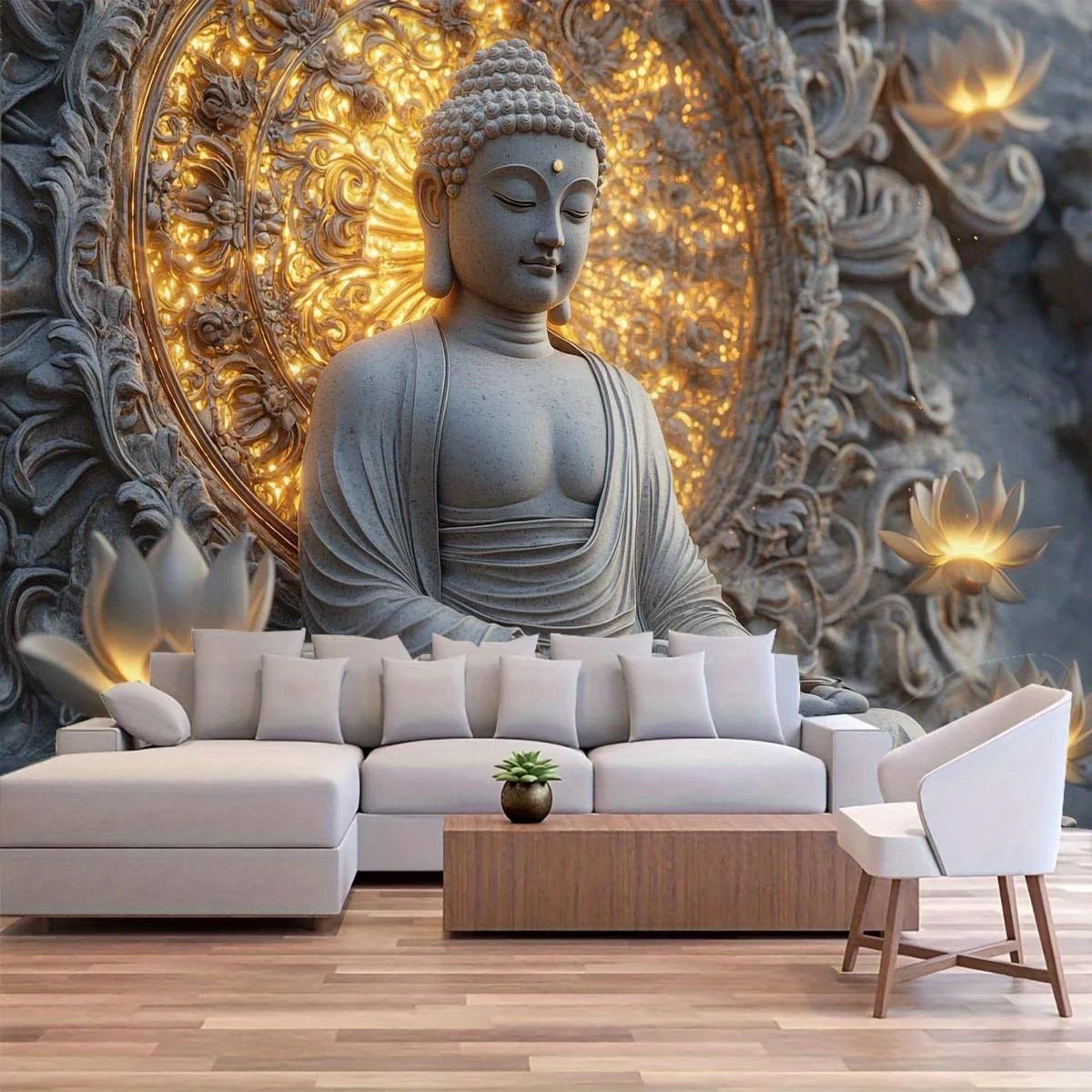 spiritual buddha lotus tapestry wall hanging – giant beige fabric wall art for living room & bedroom