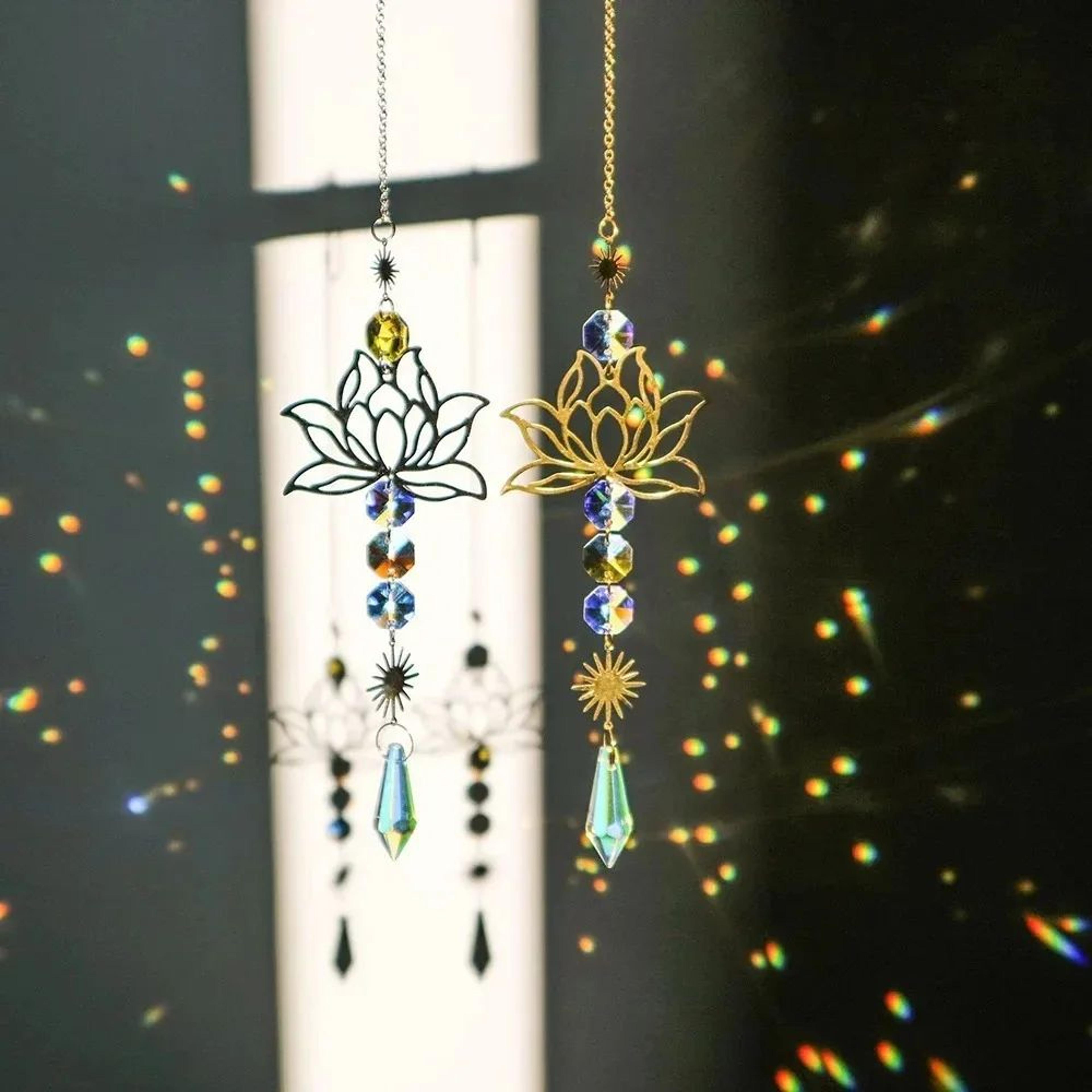crystal lotus suncatcher wind chime – metal hanging charm for garden, window & home decor
