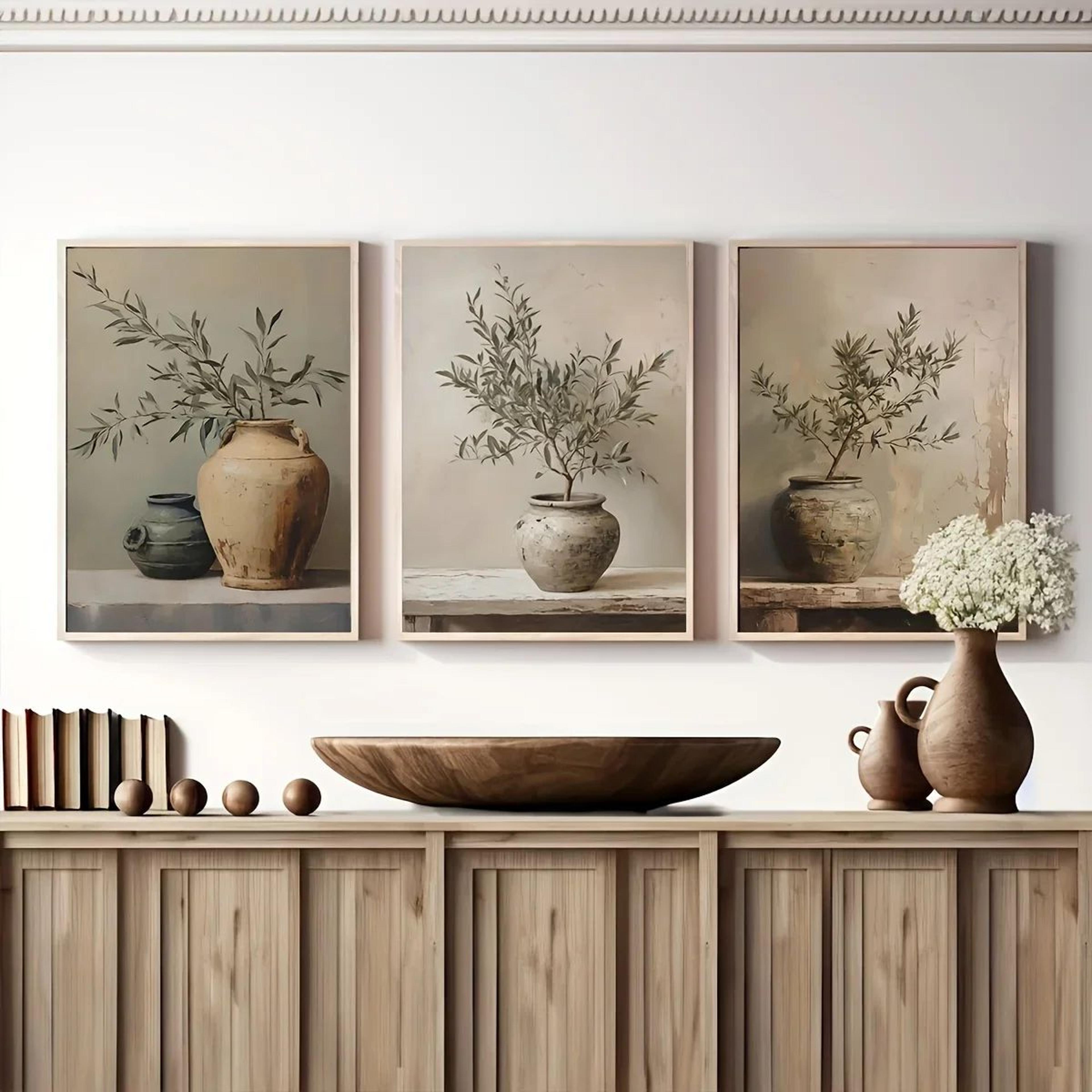 retro olive tree & lemon canvas poster – elegant botanical vase wall art for living room & bedroom decor