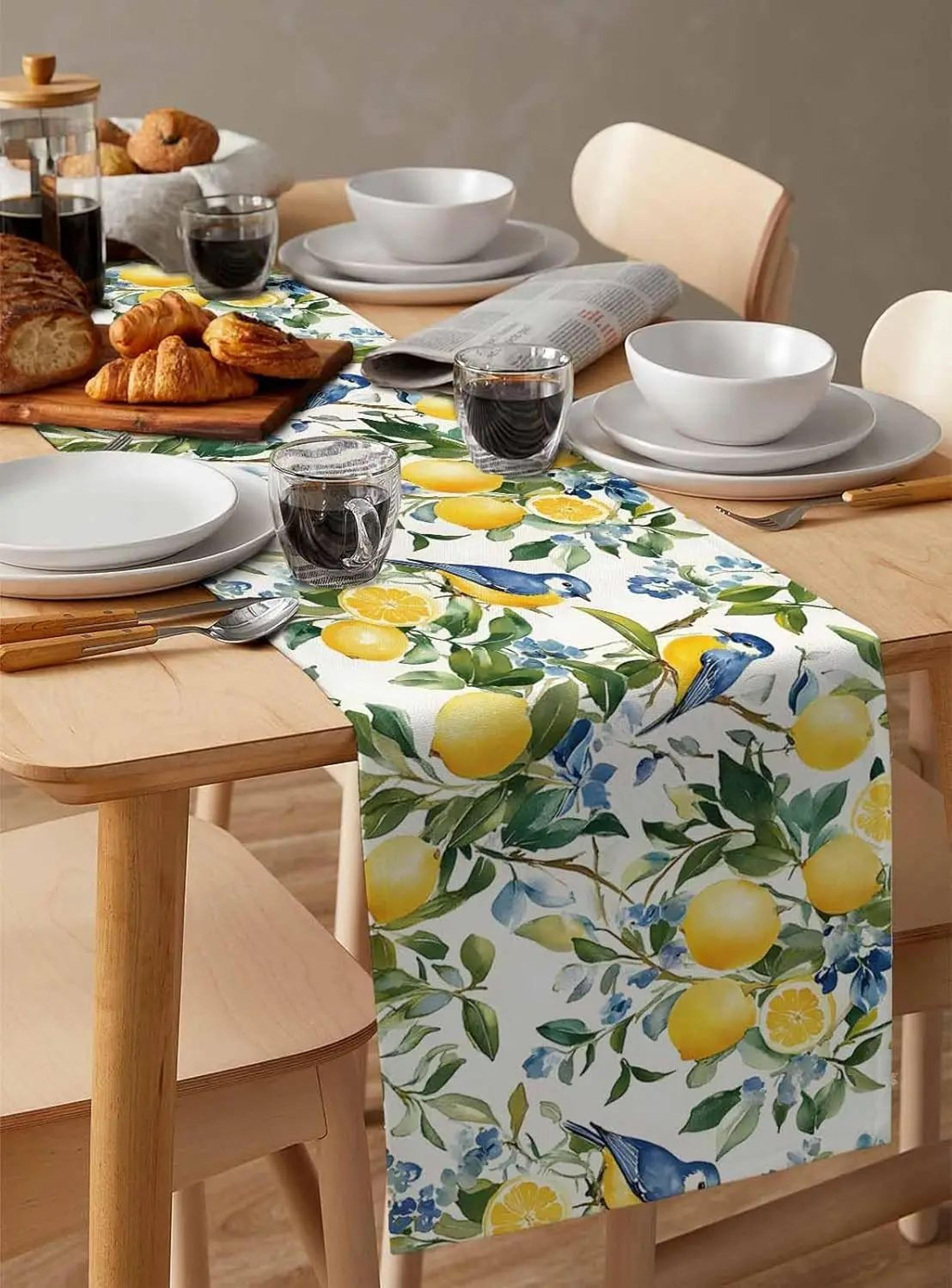 lemon tree & blue birds linen table runner – vintage floral fruit dining table scarf decor