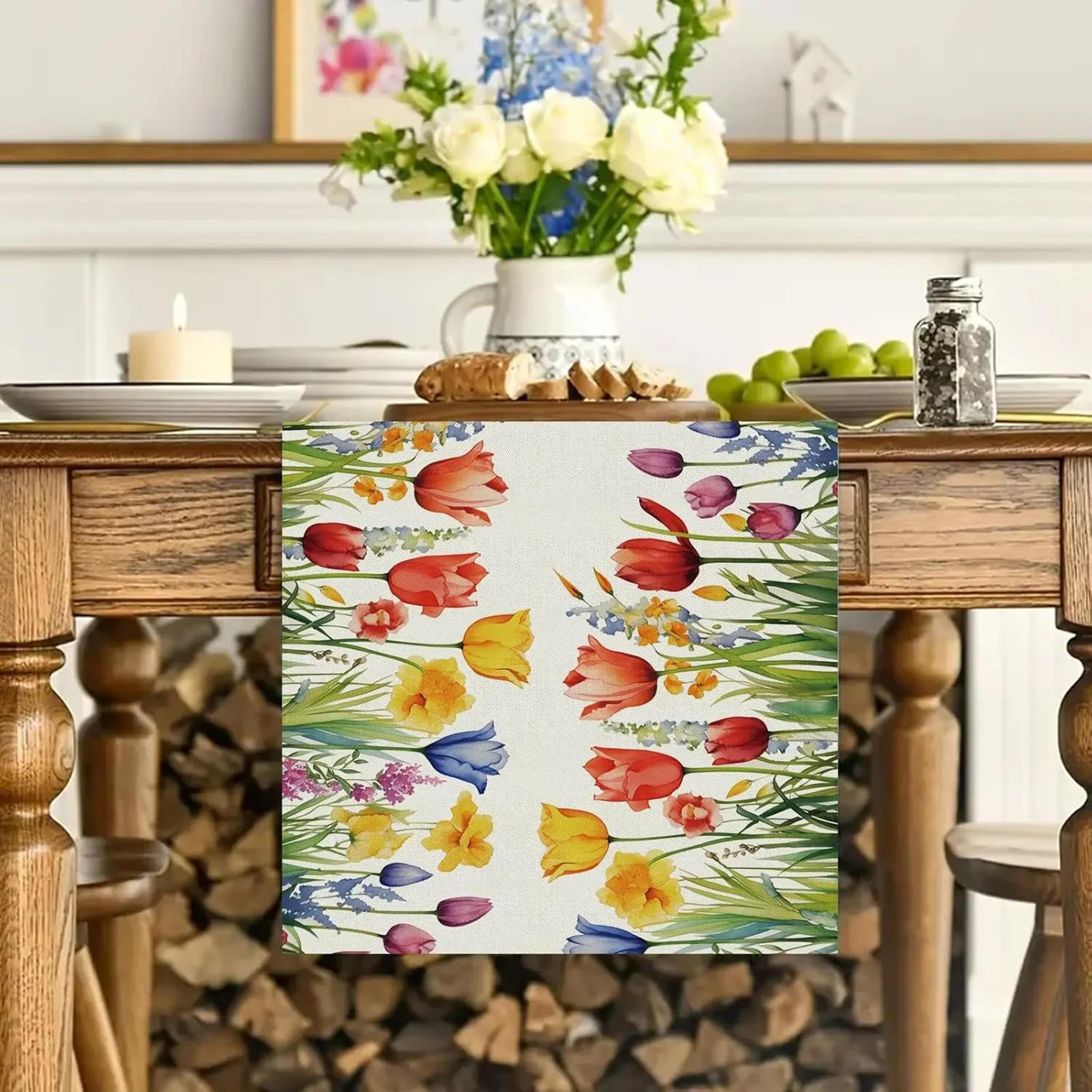 spring sunflower daisy linen table runner – colorful floral farmhouse wedding & party table decor