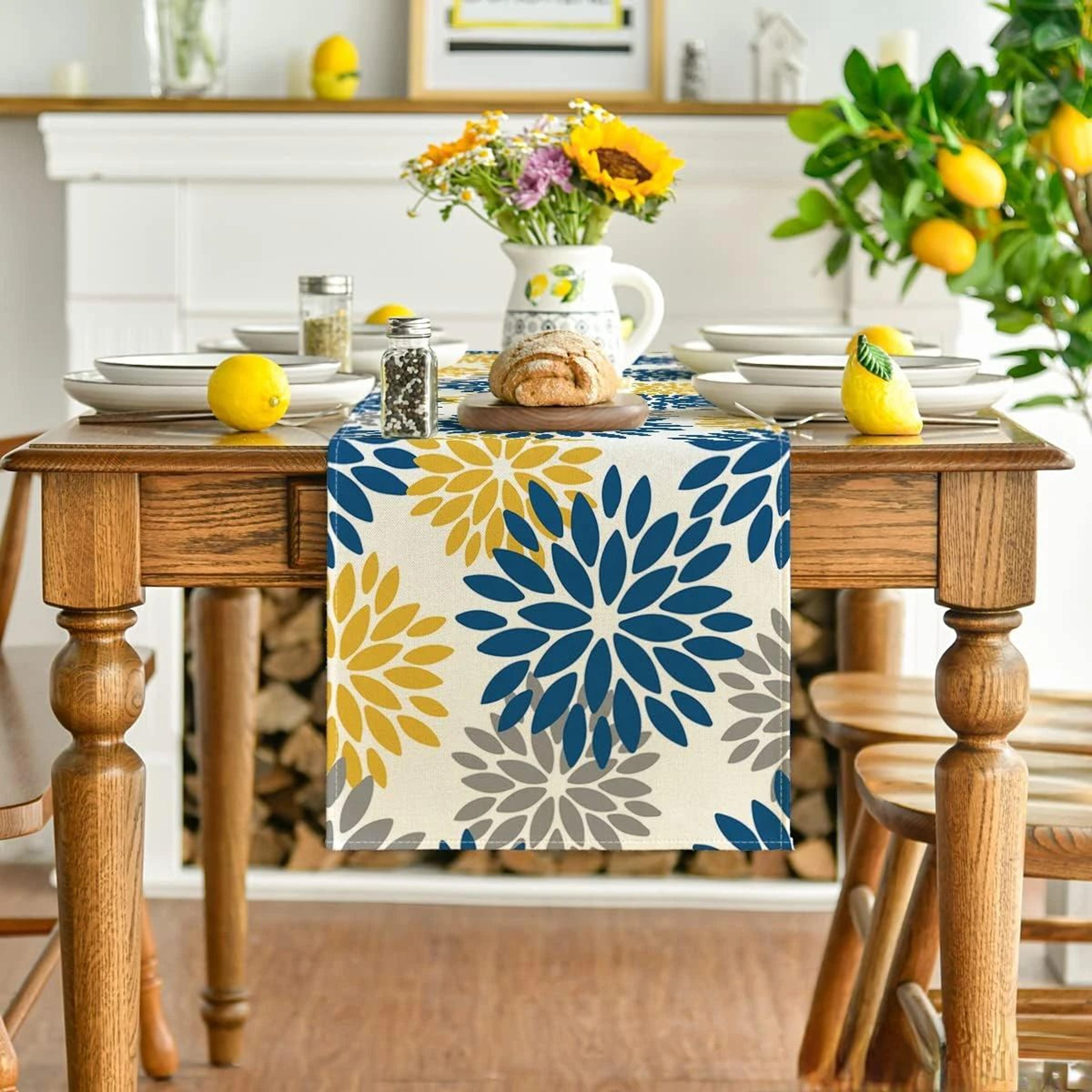 blue dahlia floral linen table runner – summer spring seasonal dining table decor