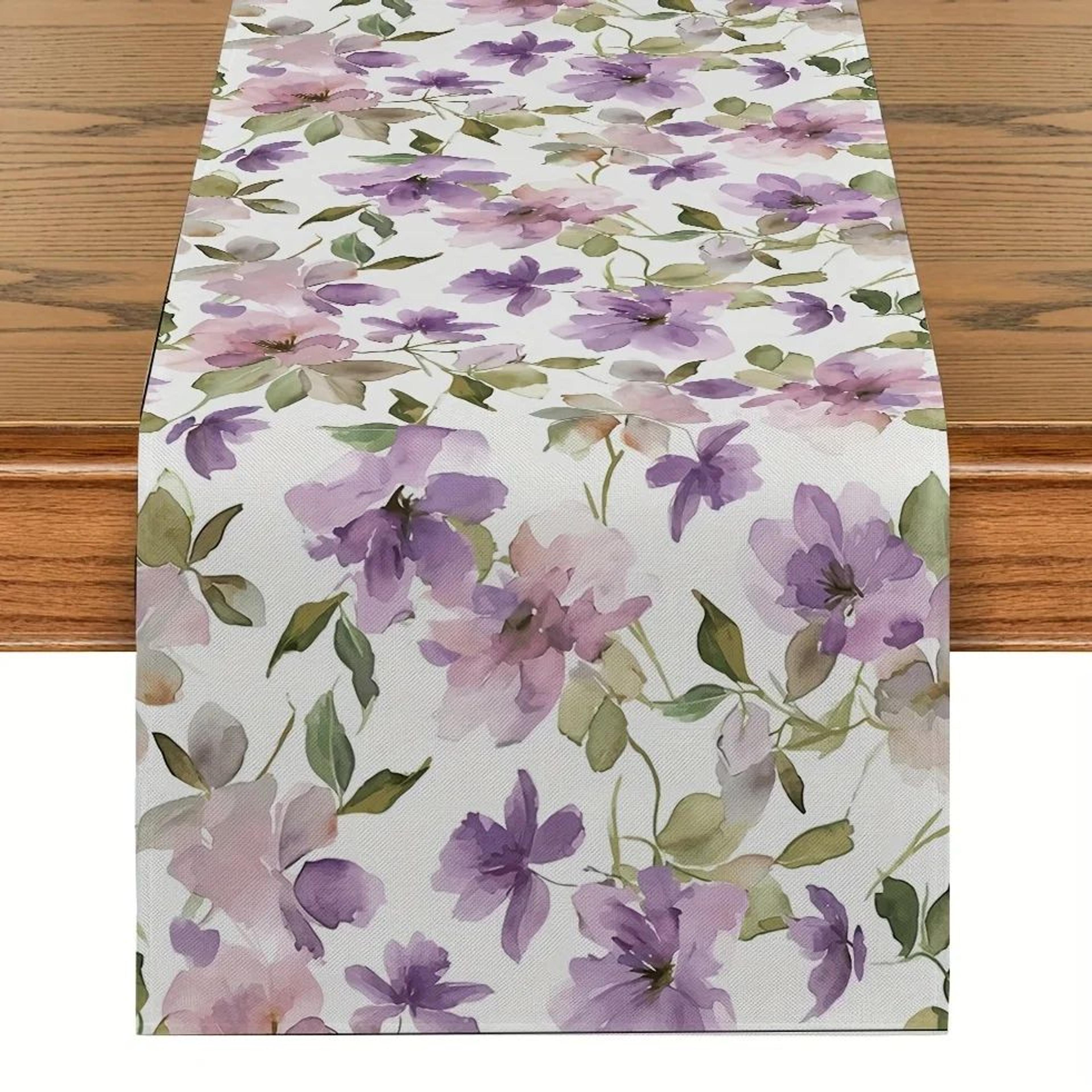 watercolor floral linen table runner – green plant pattern seasonal dining & wedding decor