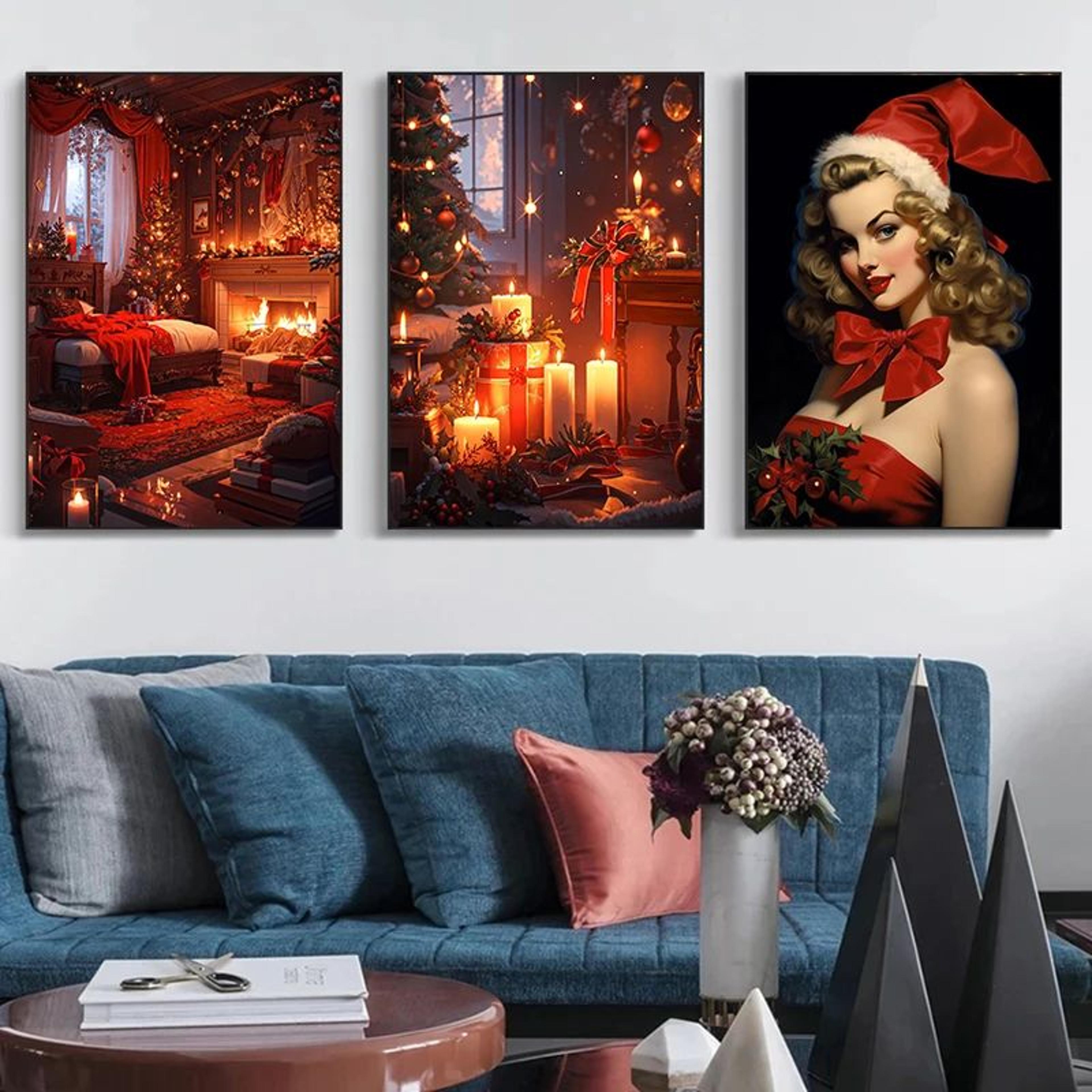 classic christmas canvas wall art – santa claus & christmas tree holiday home decor poster